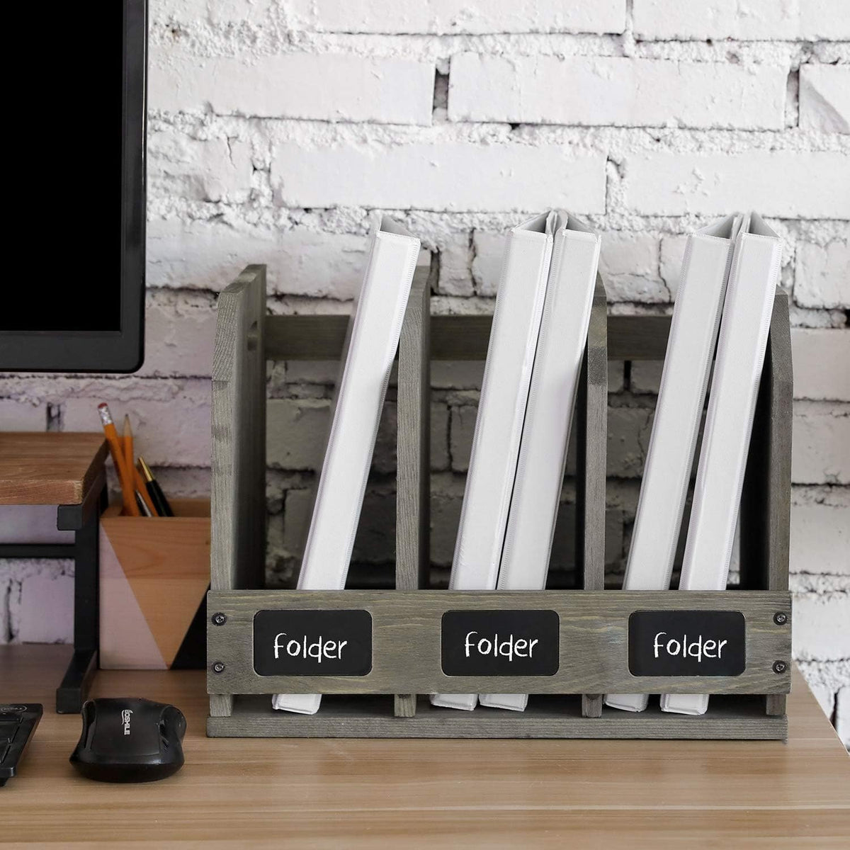 MyGift Gray Wood Magazine Holder with 3 Compartments & Chalkboard Labels