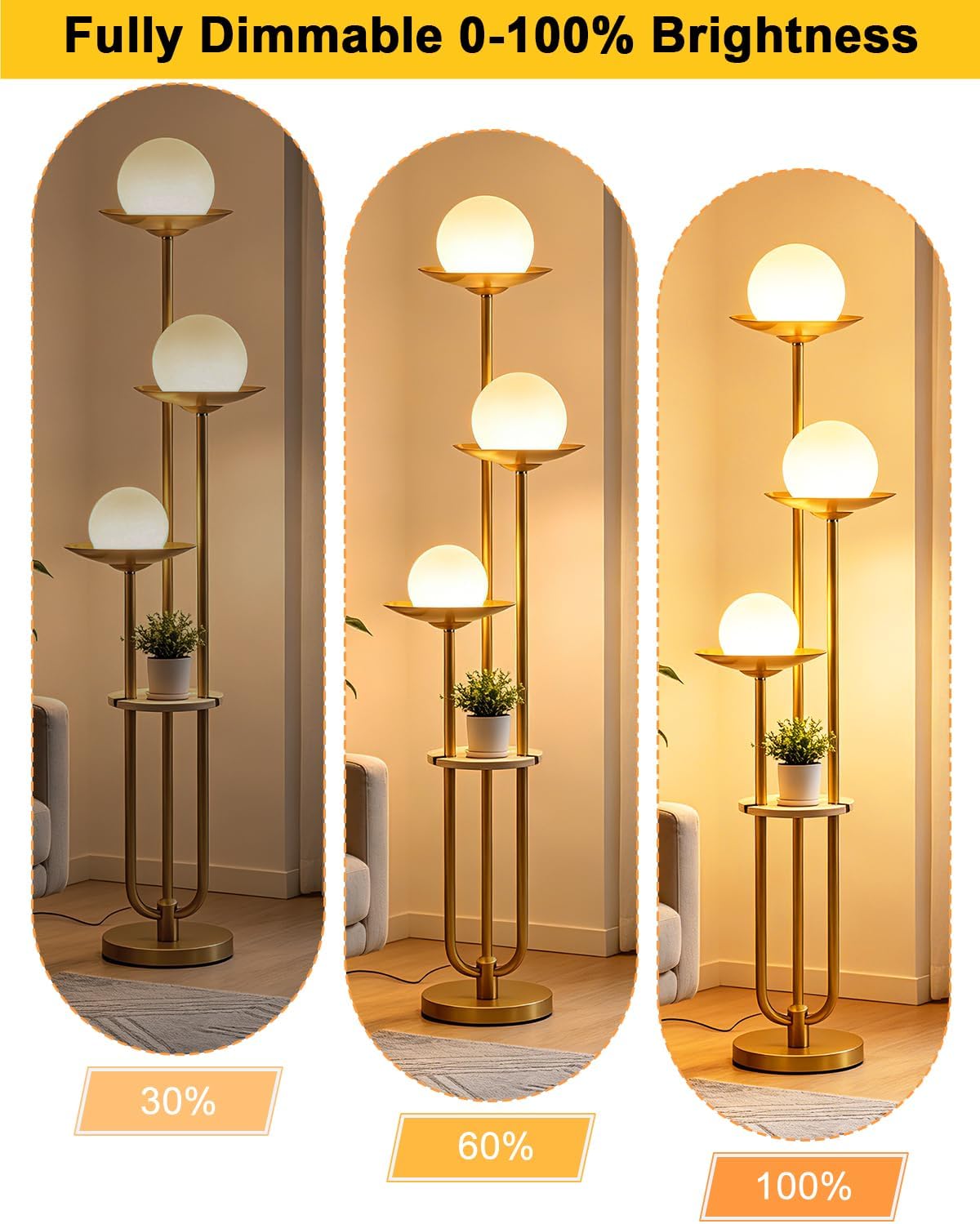 Lightdot Globe Floor Lamp with Table 3-Lights Modern Dimmable Floor Lamps for...