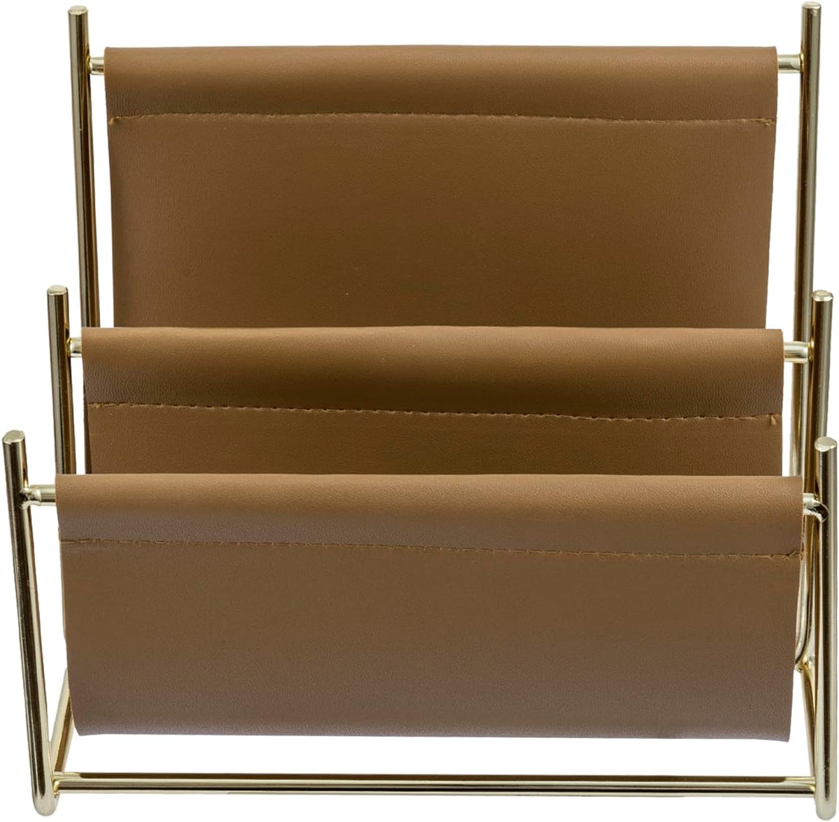 MyGift 2 Slot Modern Mail Holder, Deluxe Brass Tone Metal and Toffee Brown Le...