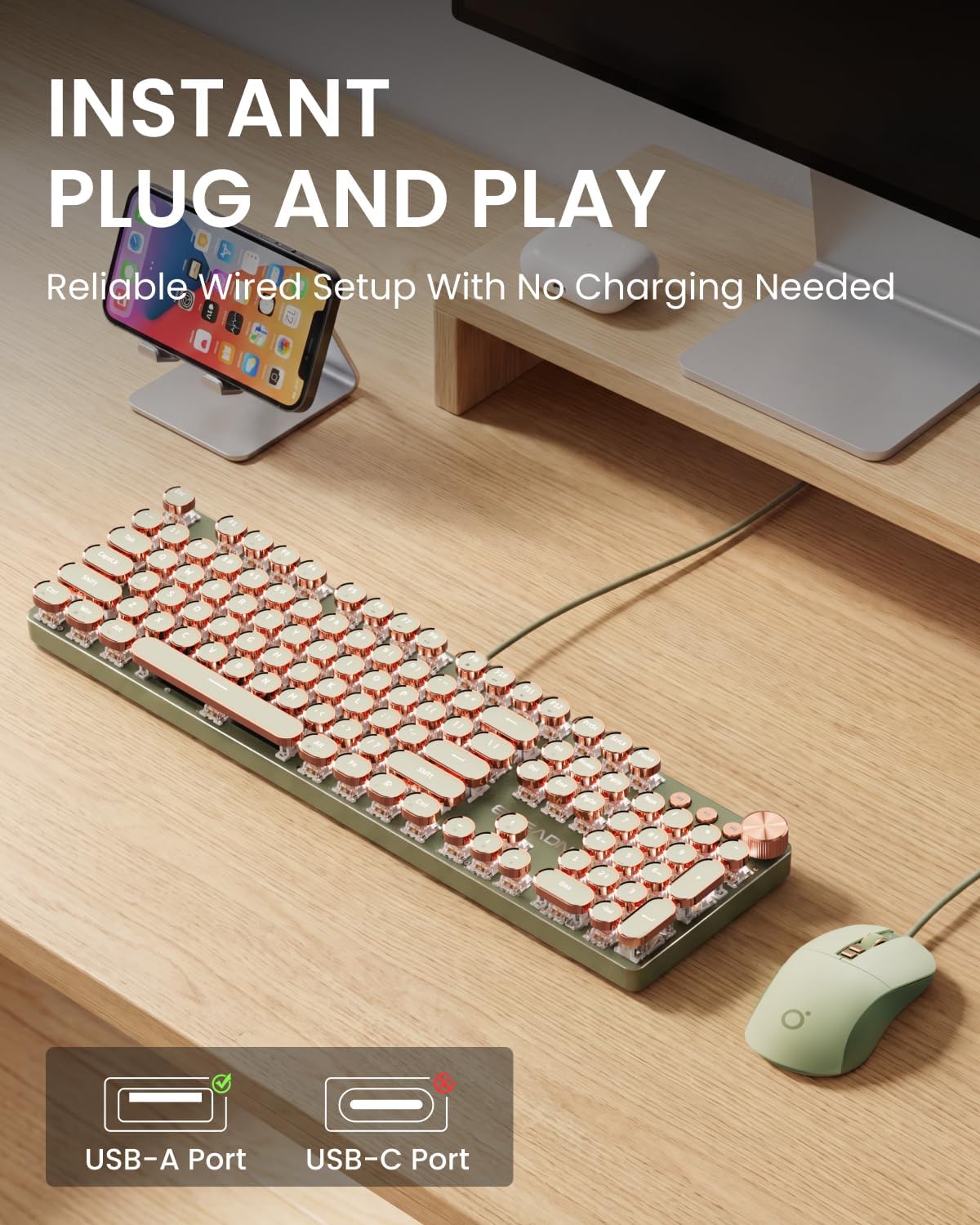 Wired Typewriter Keyboard and Mouse Combo, White Backlit, Soft Clack, Green