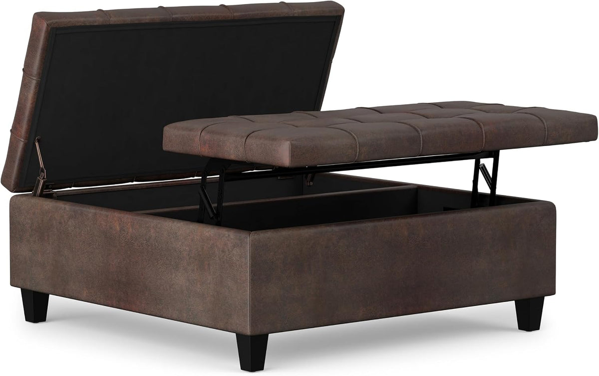 SIMPLIHOME Harrison 40" Wide Vegan Leather Ottoman in Distressed Brown