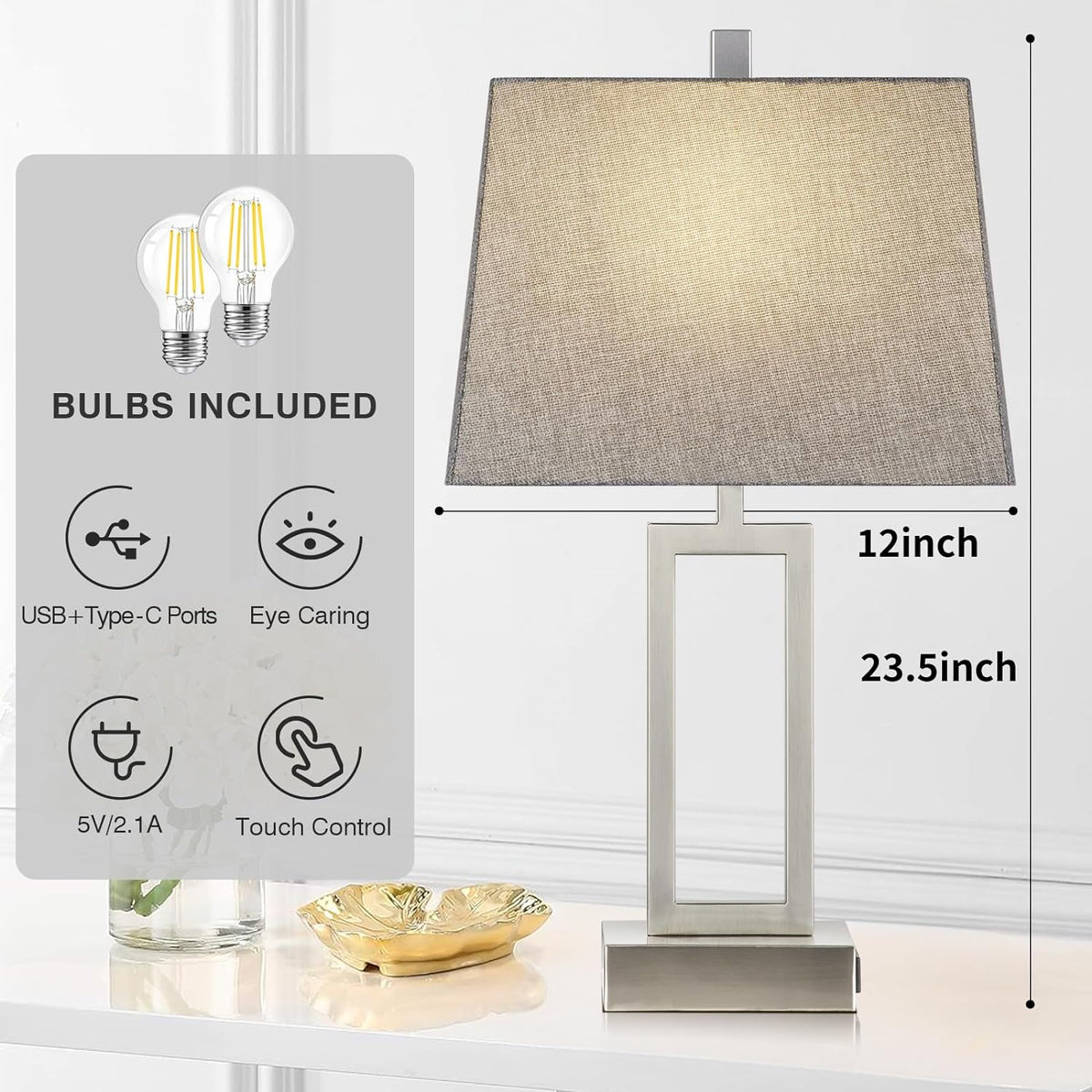 Rinweey 23.5" Touch Control Table Lamps Set of 2, Modern Silver Bedside ...