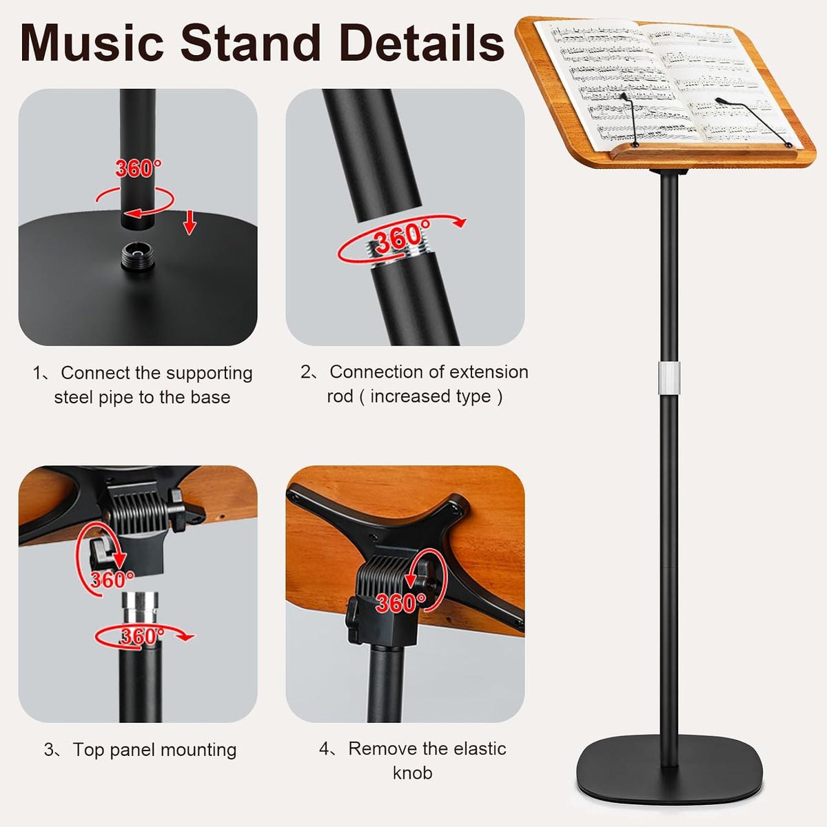 2-in-1 Dual-use Floor & Desktop Music Stand, Adjustable 16.5"-51&quo...