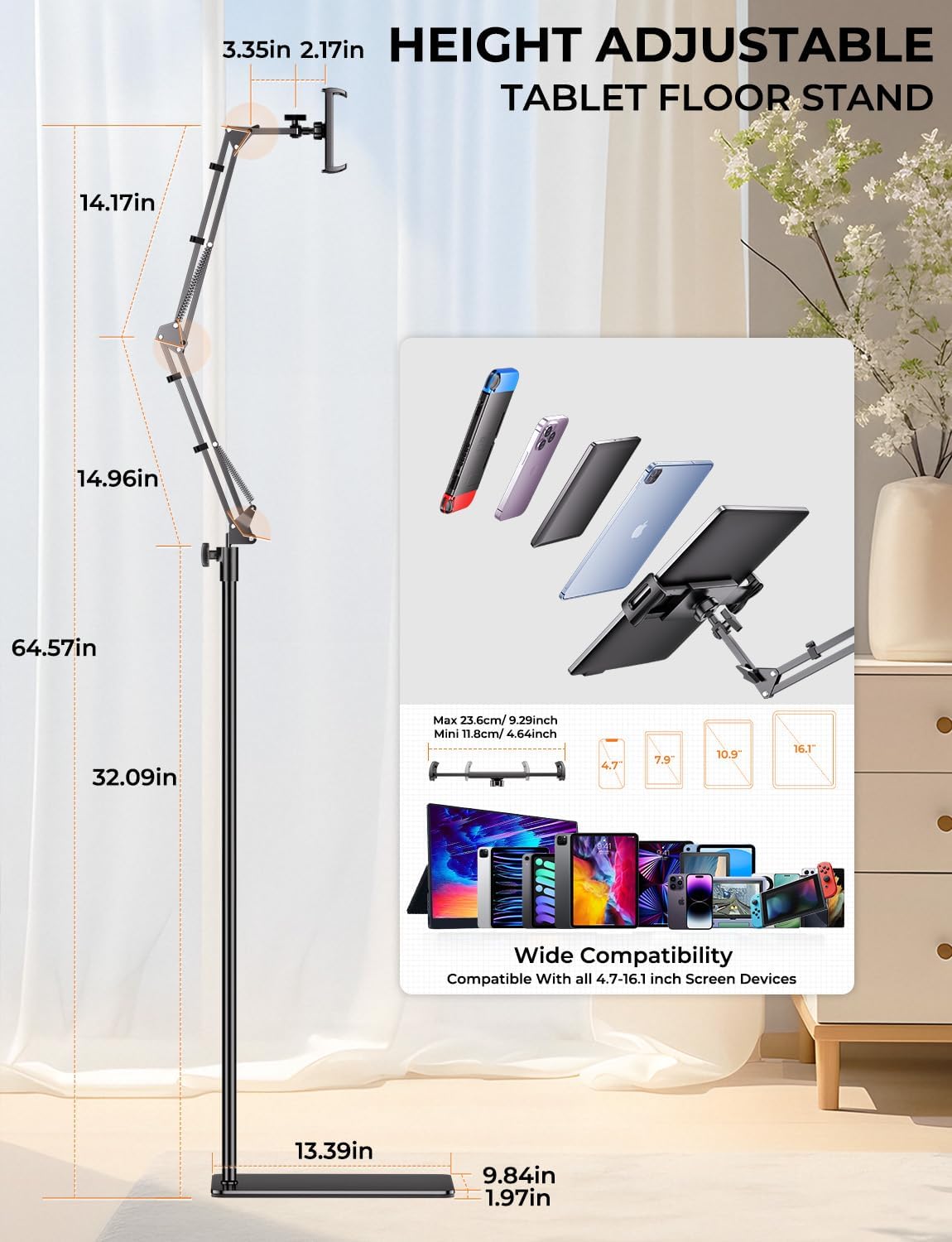 Tryone Tablet Floor Stand for Kindle Holder: E-Book Bed Mount with Page Turne...