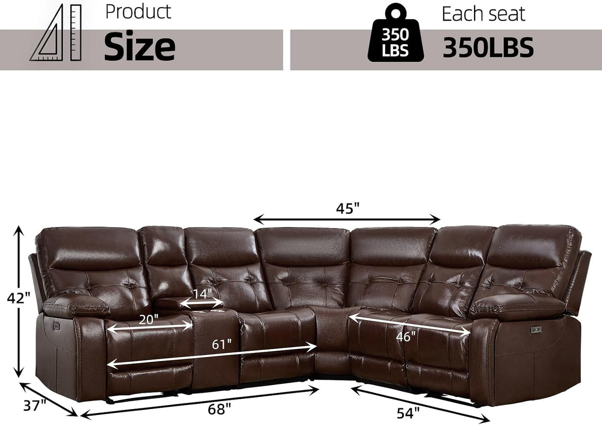 CANMOV Genuine Leather L-Shaped Power Recliner Sectional Corner Sofa