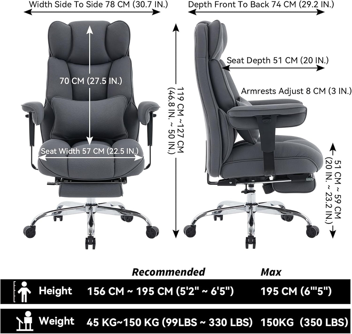 Efomao Executive Office Chair, Bluegrey Fabric Big and Tall Desk Chair