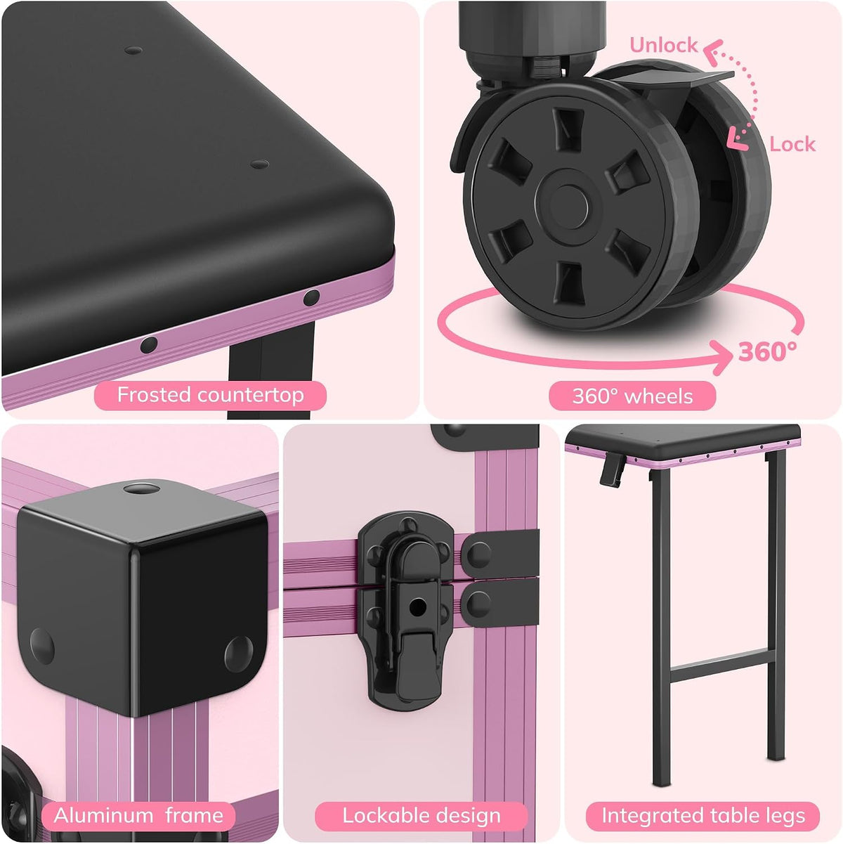 EASYINBEAUTY Rolling Portable Manicure Table with 3 Storage Drawers, Pink