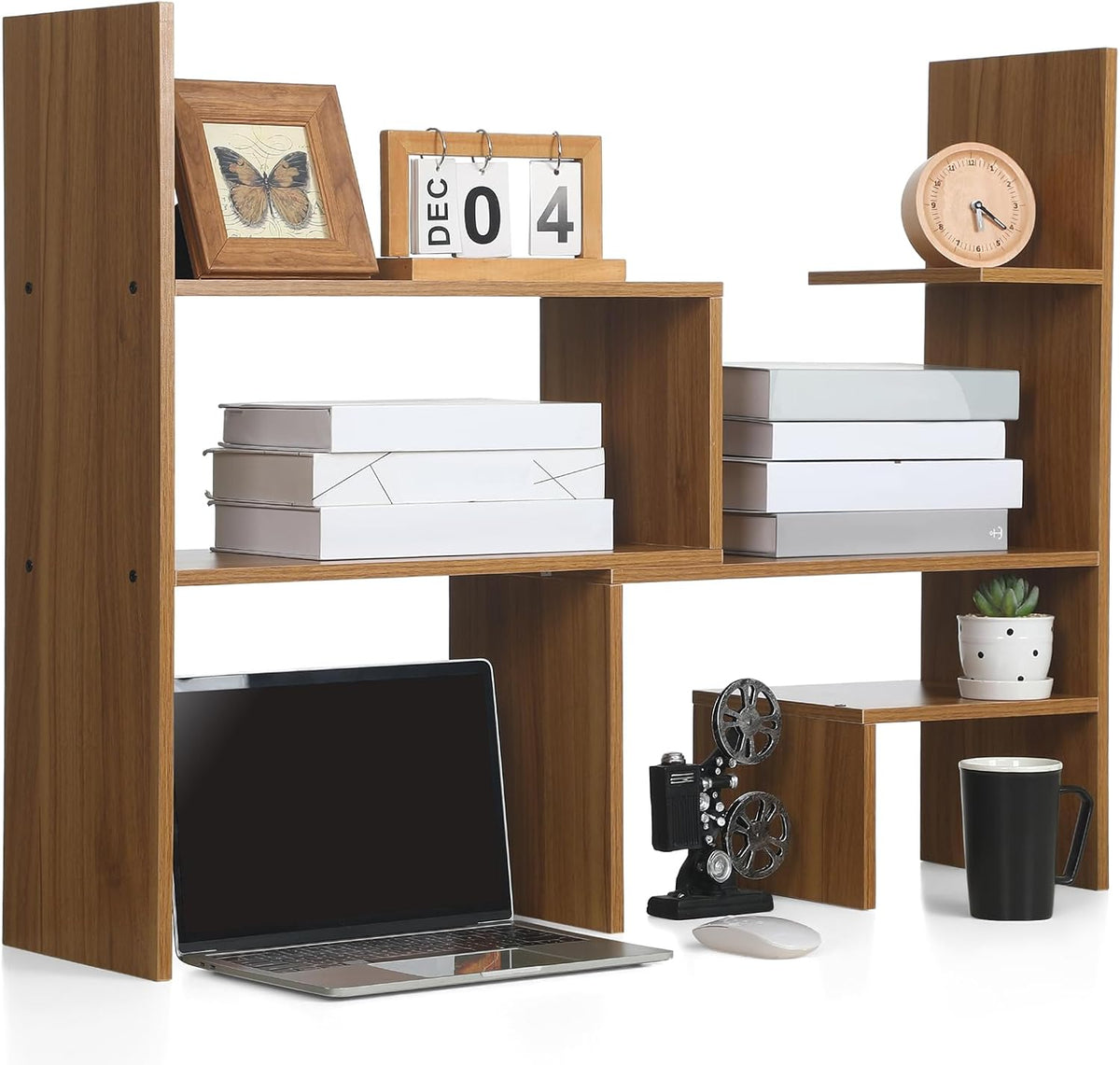Briwooody Expandable Dorm Desk Hutch Adjustable Desktop Bookshelf,Brown