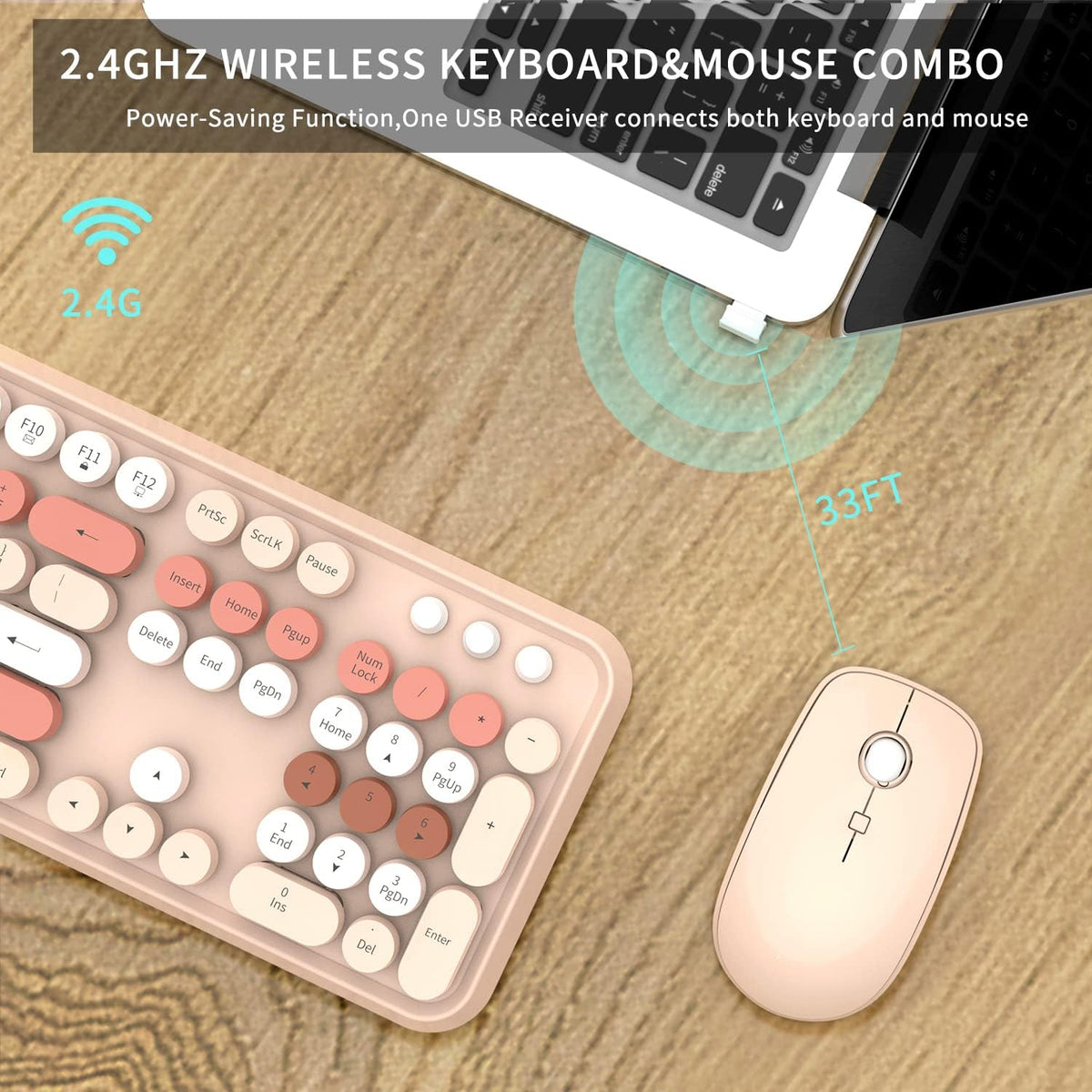 FOPETT Wireless Keyboard and Mouse Combo - 2.4G Full-Sized Cute Colorful Mous...
