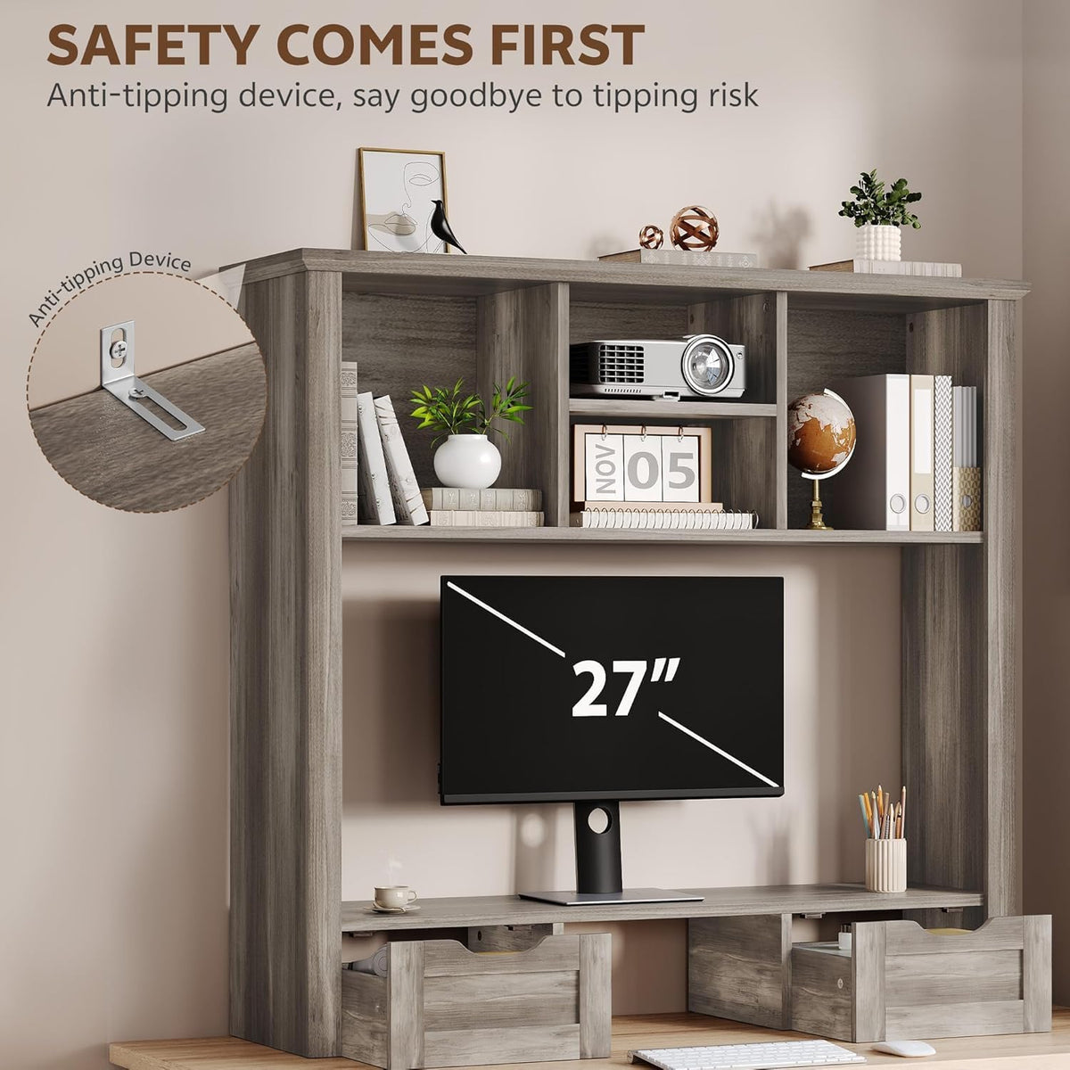 Desk Shelf with Computer Monitor Stand, 37.4''W Desktop Bookshelf
