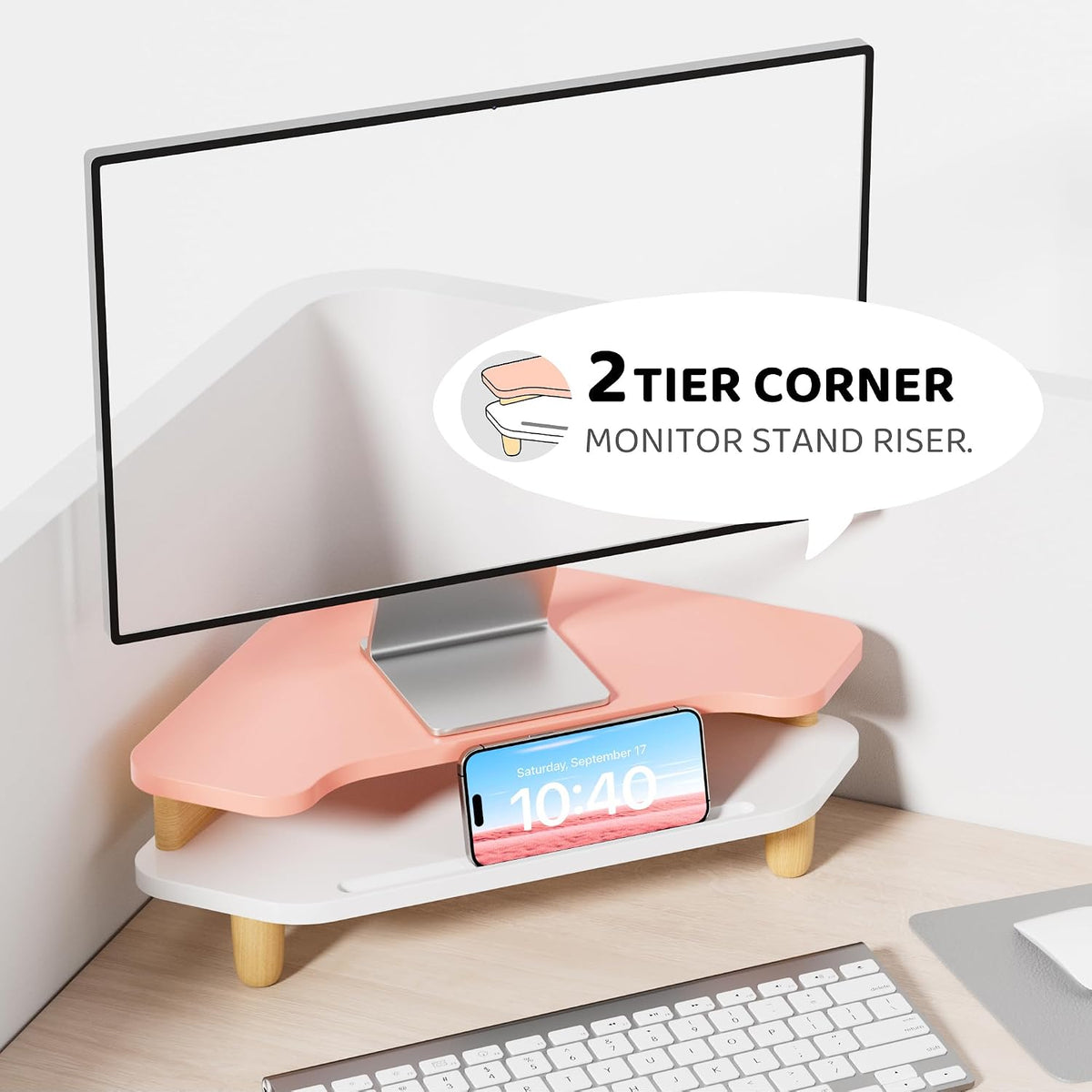 AFOOYO Monitor Stand Riser,2 Tier Corner Wood Sturdy 16.5In Computer Stand, M...