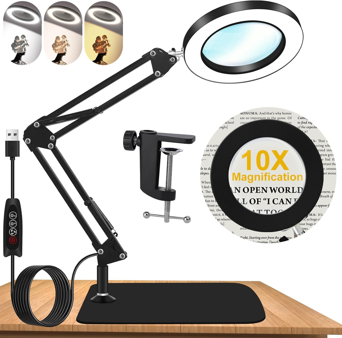 10X Magnifying Glass with Light and Stand, Dimmer Adjustable Swing Arm 2-in-1...