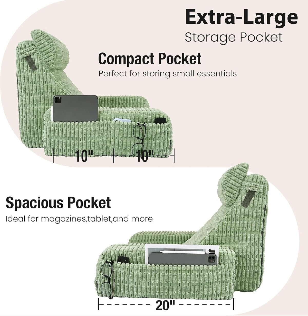 Reading Pillow for Bed Sitting Up with Large Pockets,Modern Style