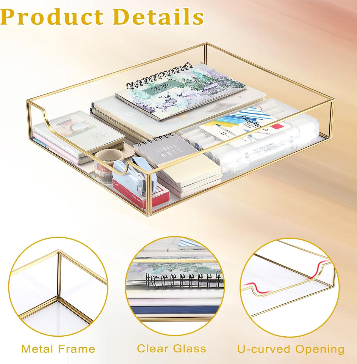 BTSKY 2 Pack Golden Glass Desk Tray, Multi-Purpose Organizer for A4 Paper, Do...
