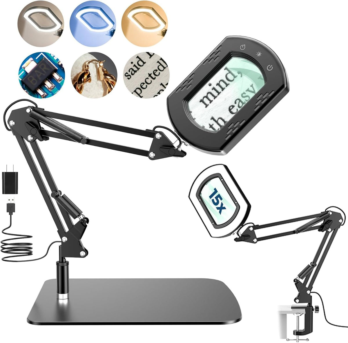 Magnifying Glass with Light and Stand, 15X Hands Free Lighted Magnifying Lamp...