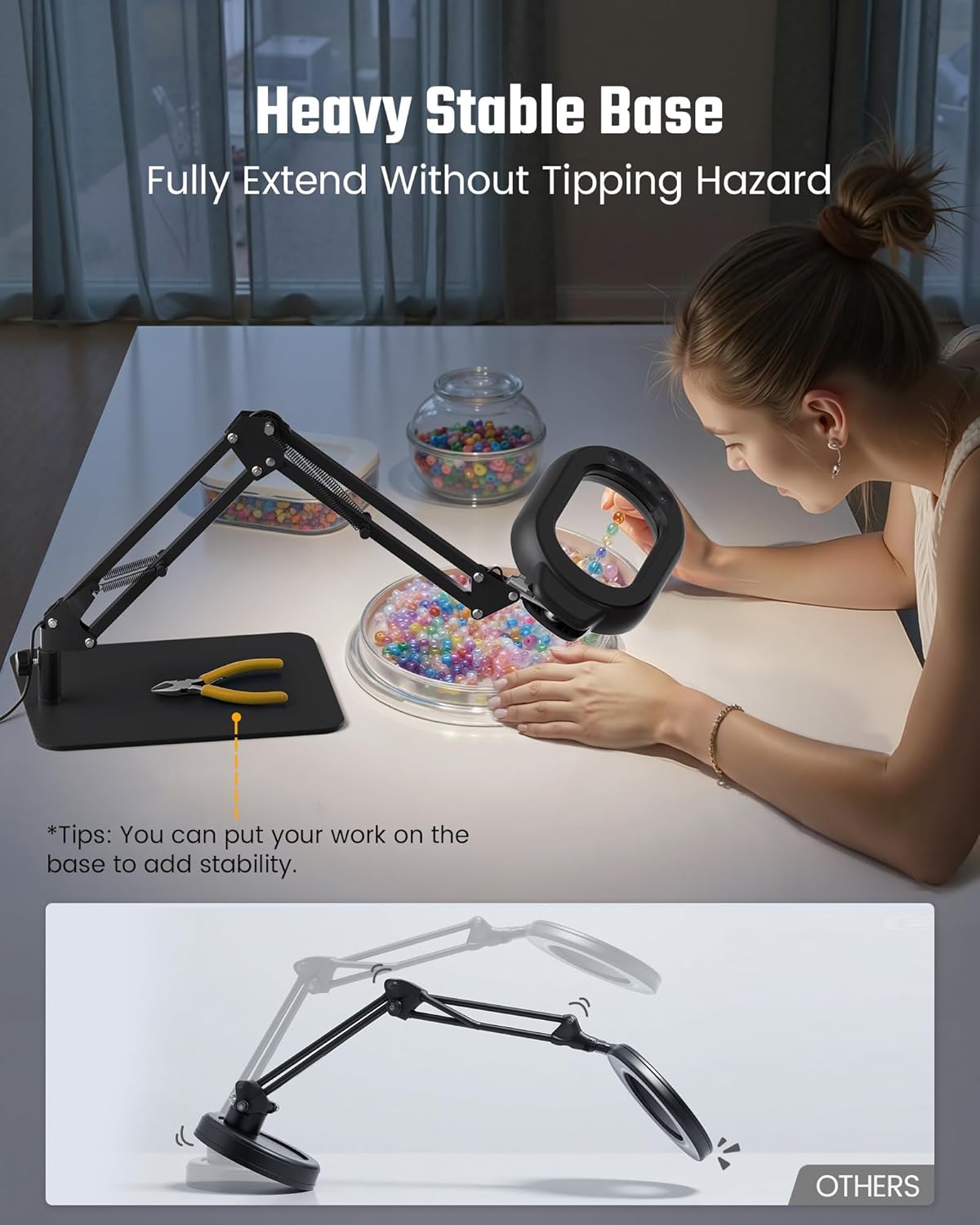 Square Magnifying Desk Lamp, Magnifying Glass with Light and Stand