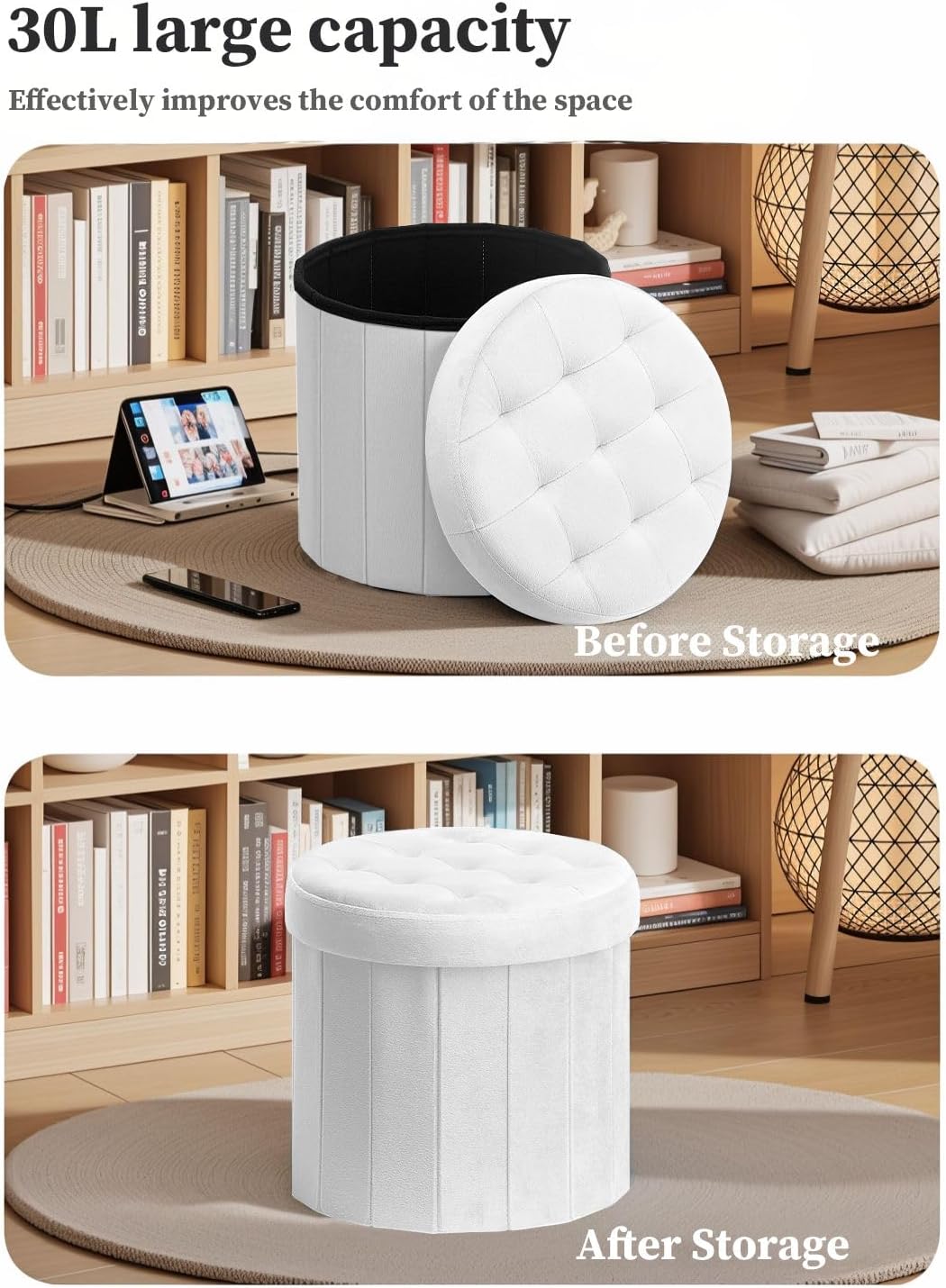 Bsketa Round Storage Ottoman, 14" Folding Velvet Foot Stool Rest,White