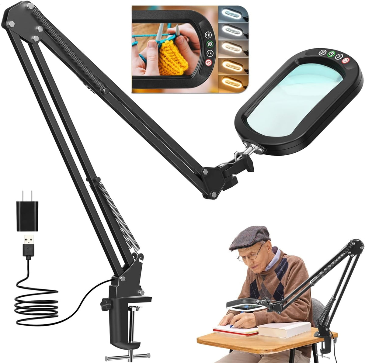 10X Large Magnifying Glass with Light and Clamp, Real Glass, 5 Color Modes, S...