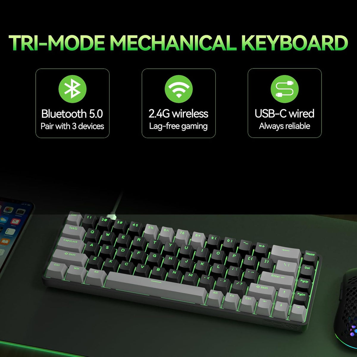 TMKB T68 60% Wireless Mechanical Gaming Keyboard, Tri-Mode BT5.0/2.4GHz/USB-C...