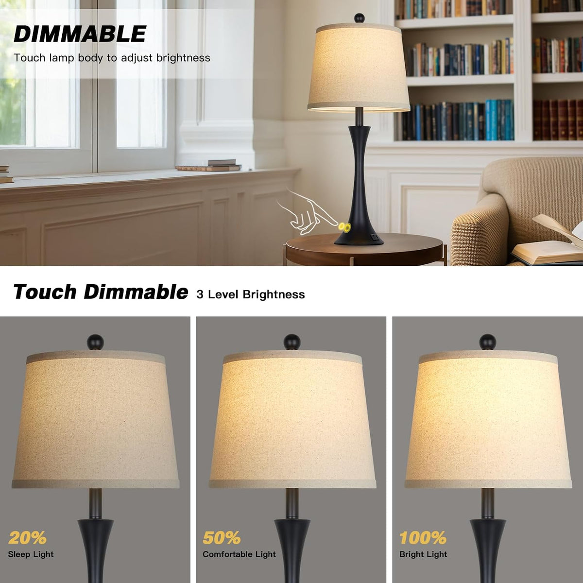 27.5" Black table Lamps for Living Room, Touch Control 3-Way Dimmable Be...