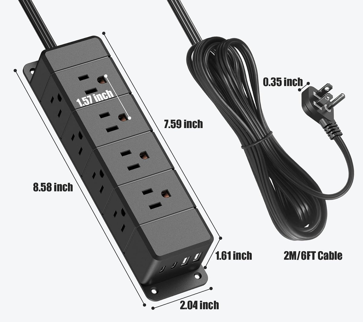 40W Under Desk Power Strip with Switch 12 Outlet 4 USB 1200J 10FT Black