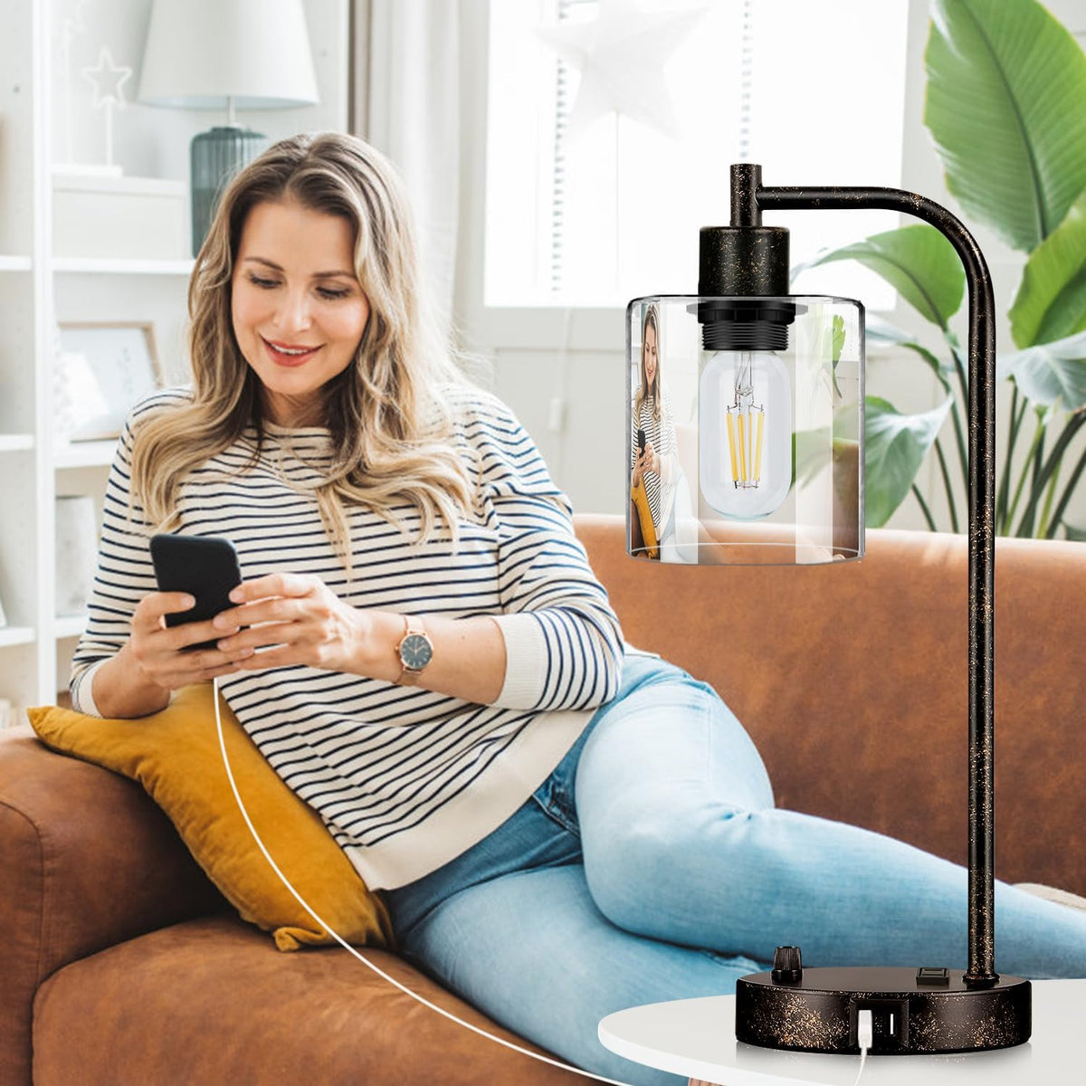 Set of 2 Industrial Table Lamps with USB Port, Rustic Black Fully Stepless Di...