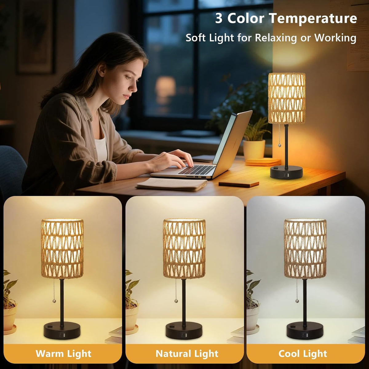 Rattan Bedside Table Lamps Set of 2 - Boho Lamps With 3 Color Temperatures &a...