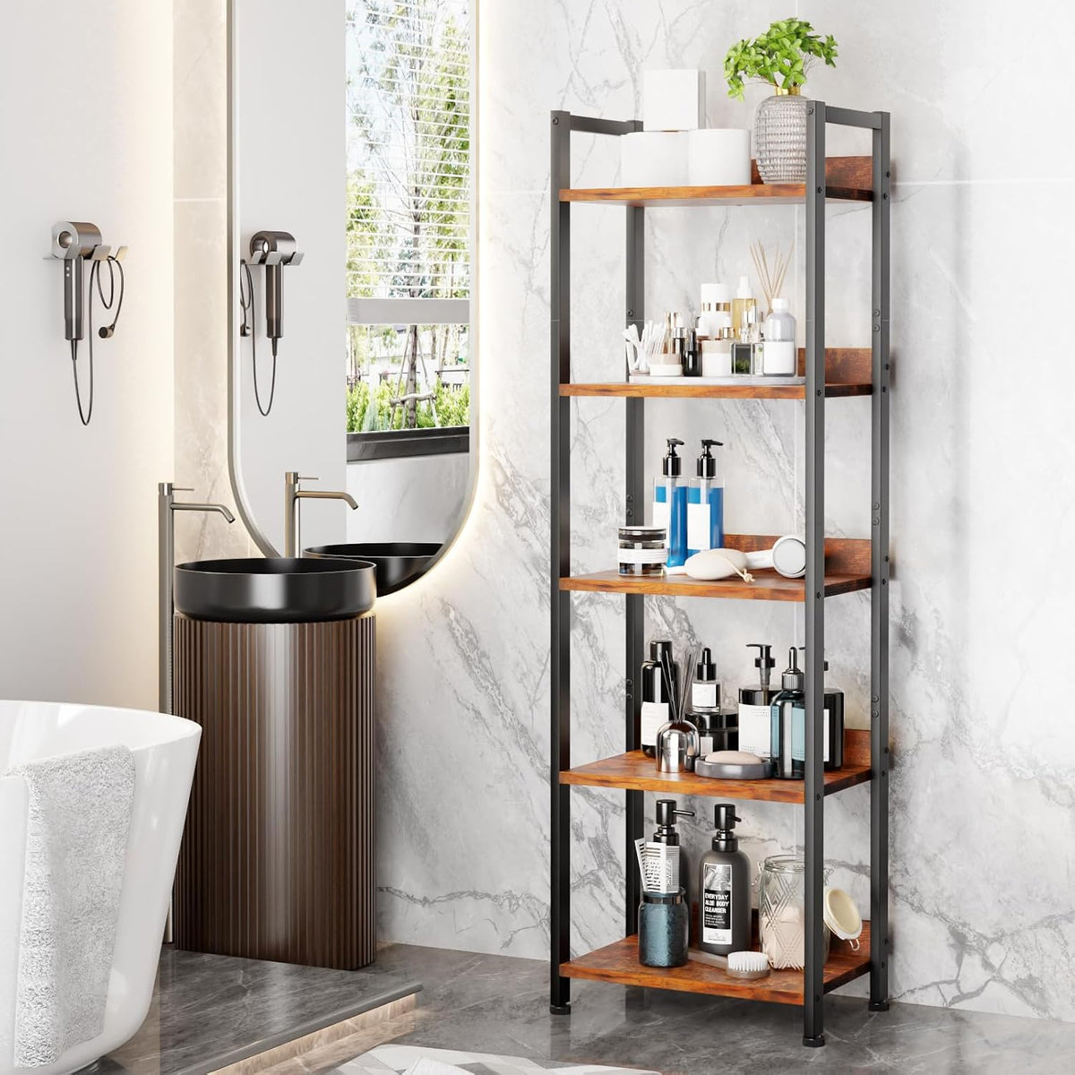 Furologee 5 Tier Bookshelf with Drawer, Tall Narrow Bookcase, Rustic Brown