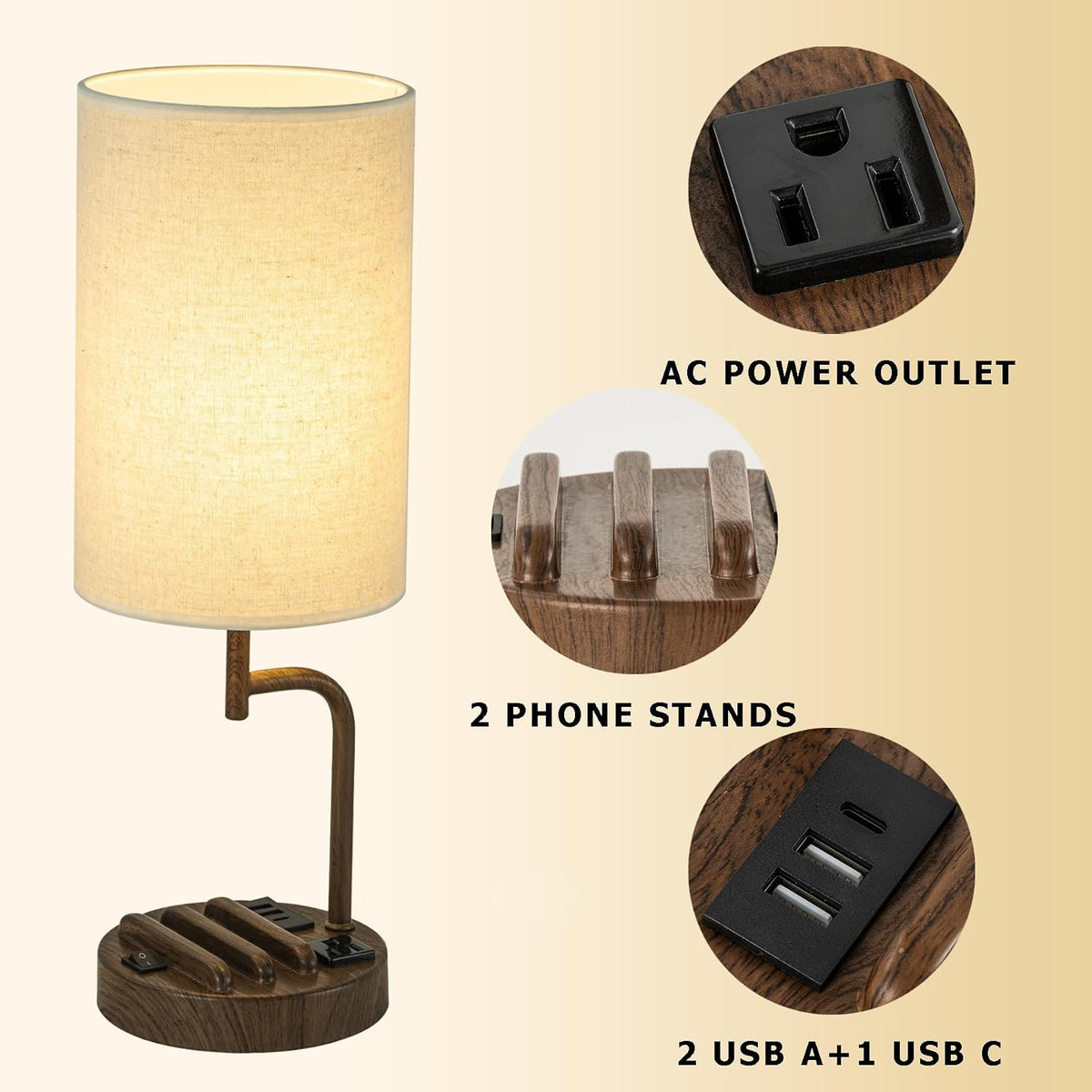 Dreamholder Table Lamp with 3 USB Charging Ports, Modern Desk Lamp with AC Ou...