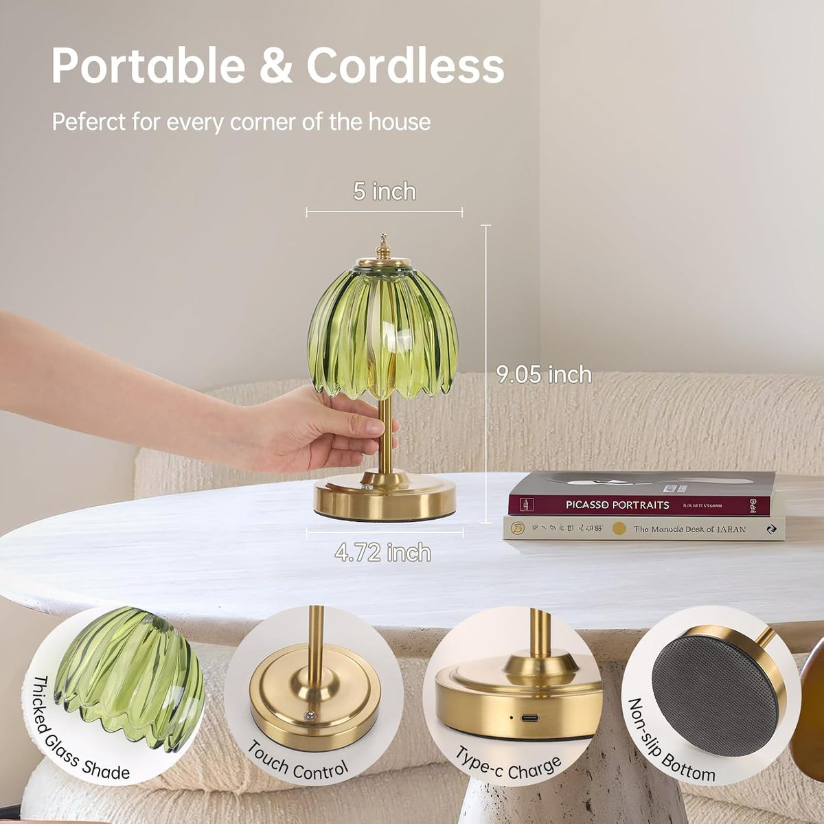 Shenmoyl Tulip Small Table Lamp, 5200mAh Cordless Touch Control Mini Table La...