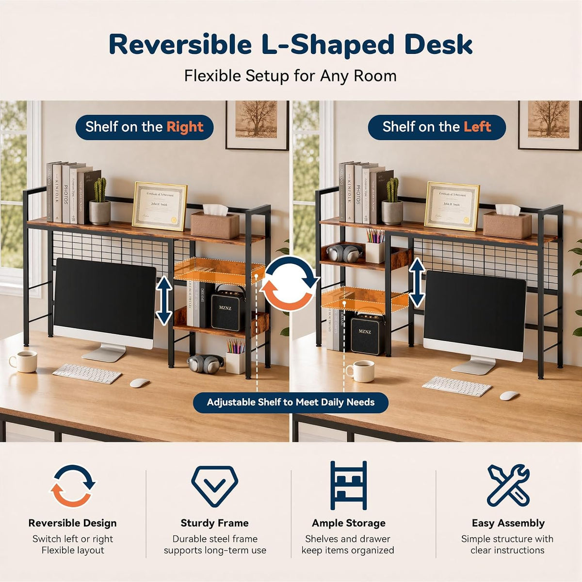 Desk Shelf, 44.9" Desk Hutch with Pegboard Hooks Set, Rustic Brown