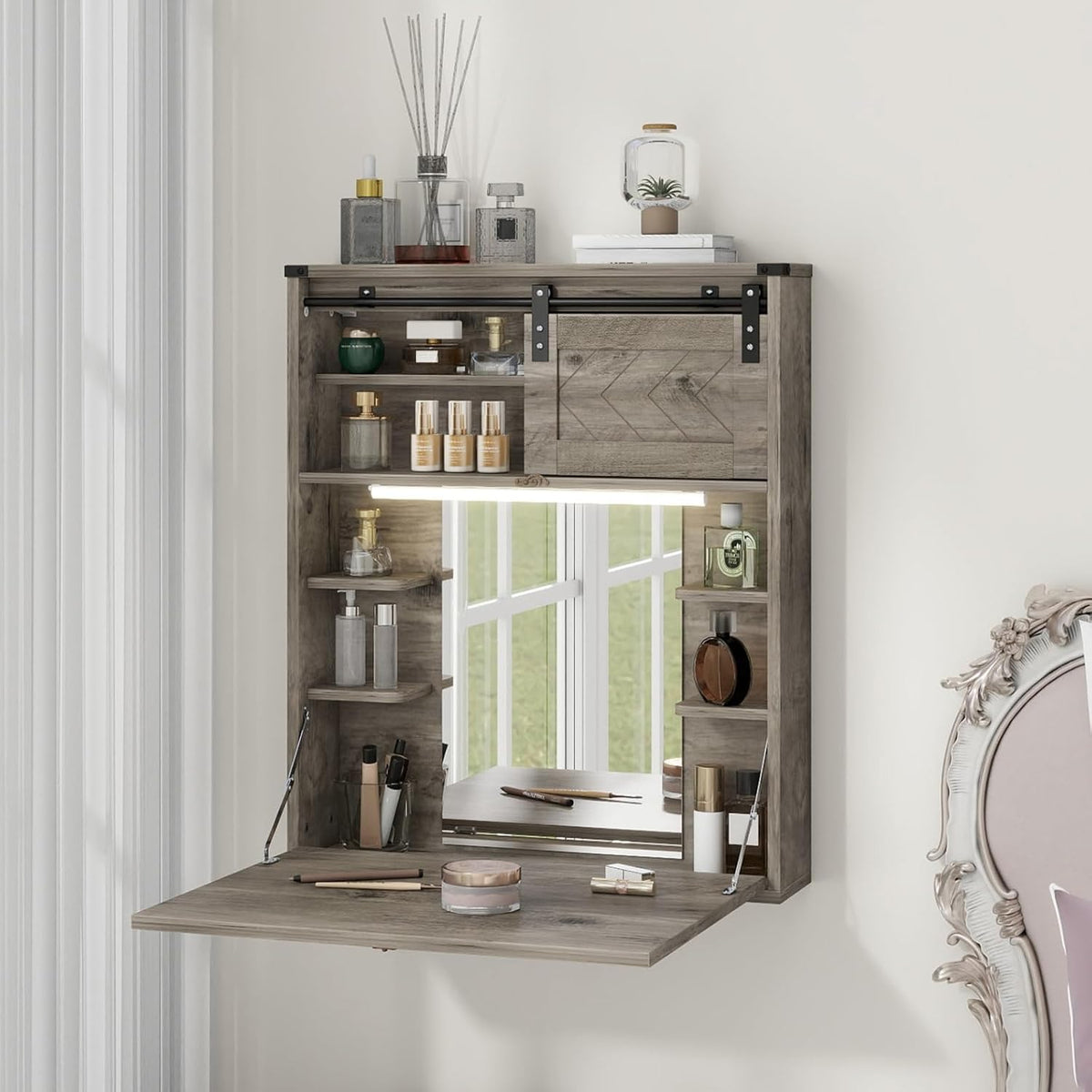 ARTETHYS Floating Vanity Desk with Mirror and Lights Small Wall Mounted Makeu...
