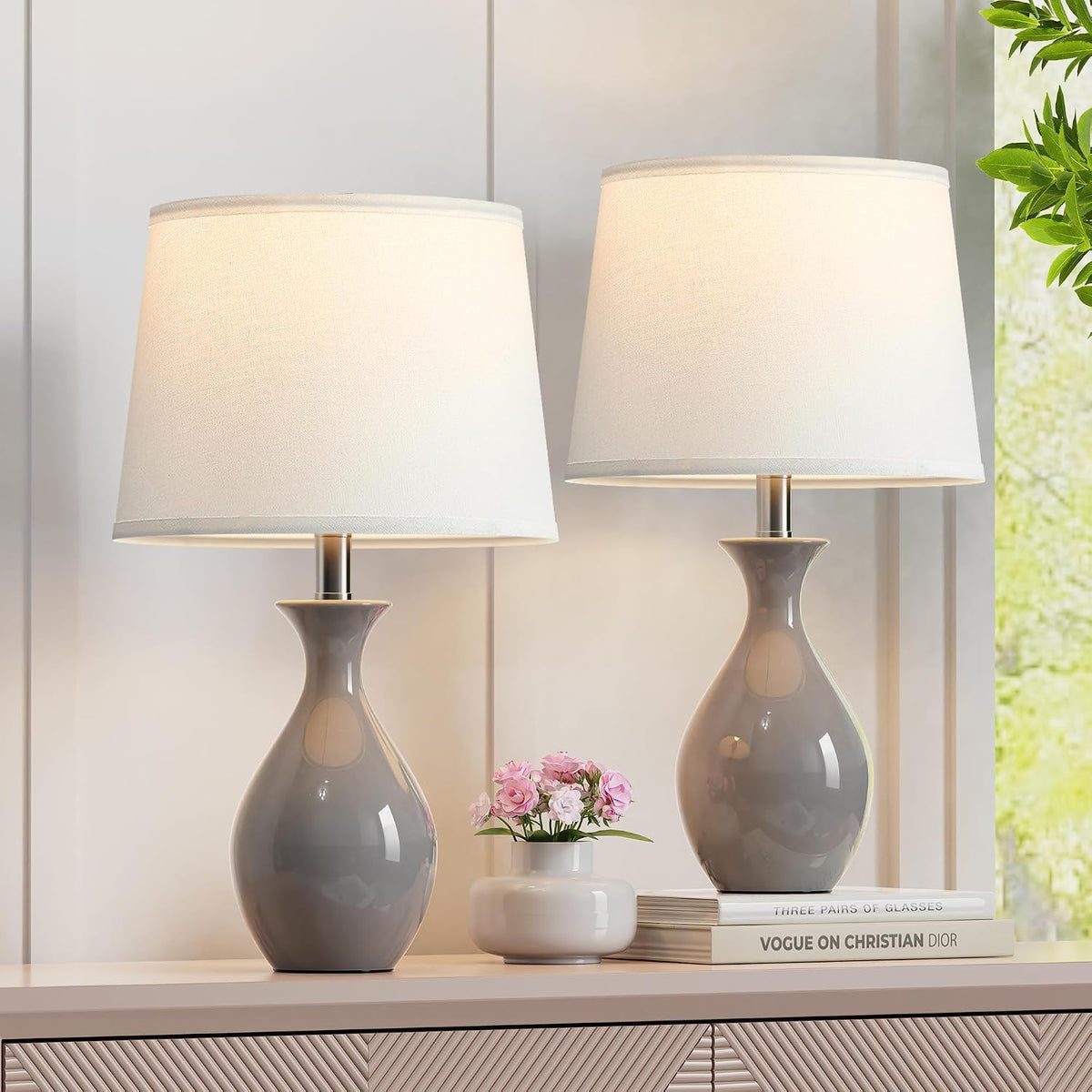 PARTPHONER Table Lamp Set of 2, Modern Ceramic Bedside Lamps for Night Stands...