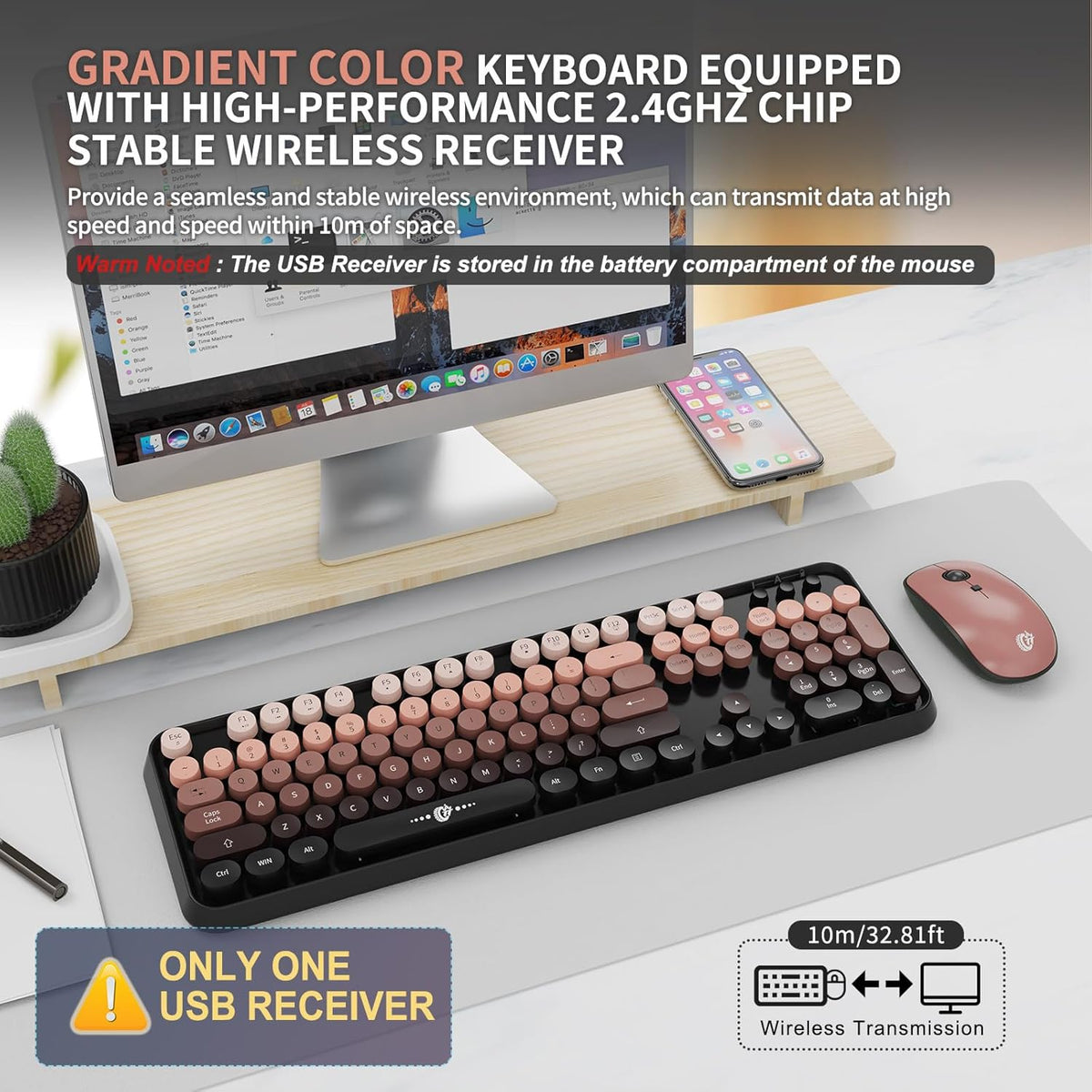 FOPETT Wireless Keyboard and Mouse Combo - 2.4G Full-Sized Cute Colorful Mous...
