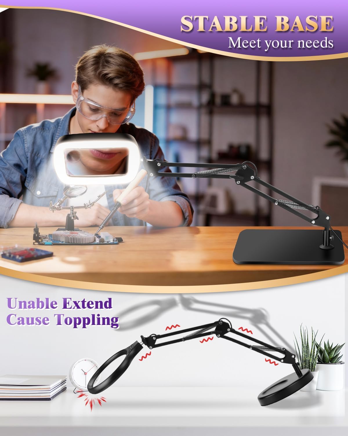 10X 30X Magnifying Glass with Light and Stand,Large Desk Lamp Magnifiers