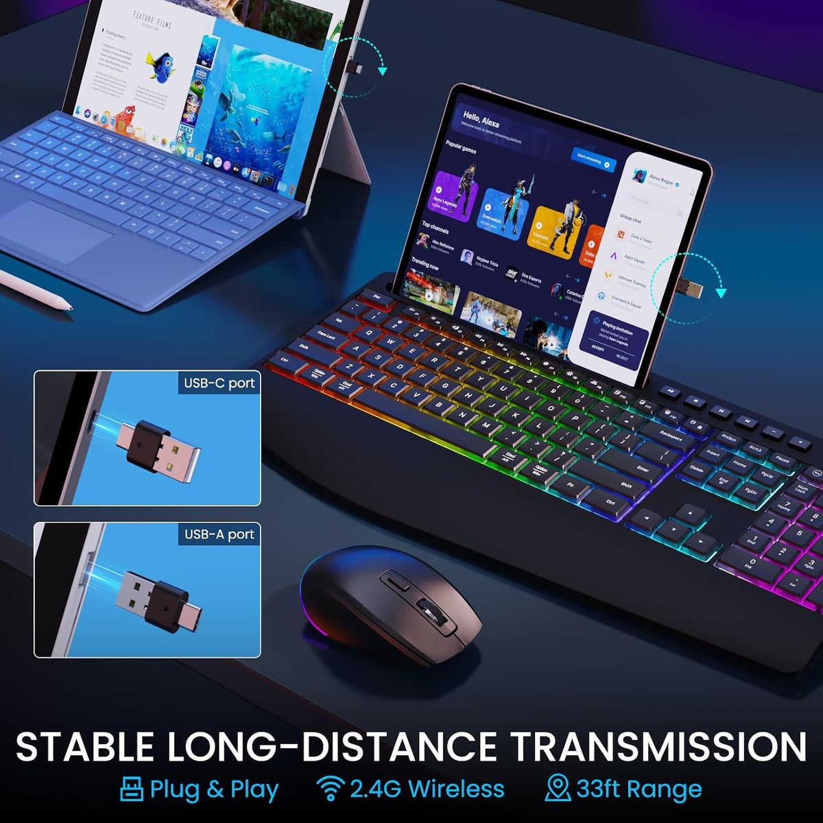Wireless Keyboard and Mouse Combo - Dual System RGB Backlit Mouse and Keyboar...