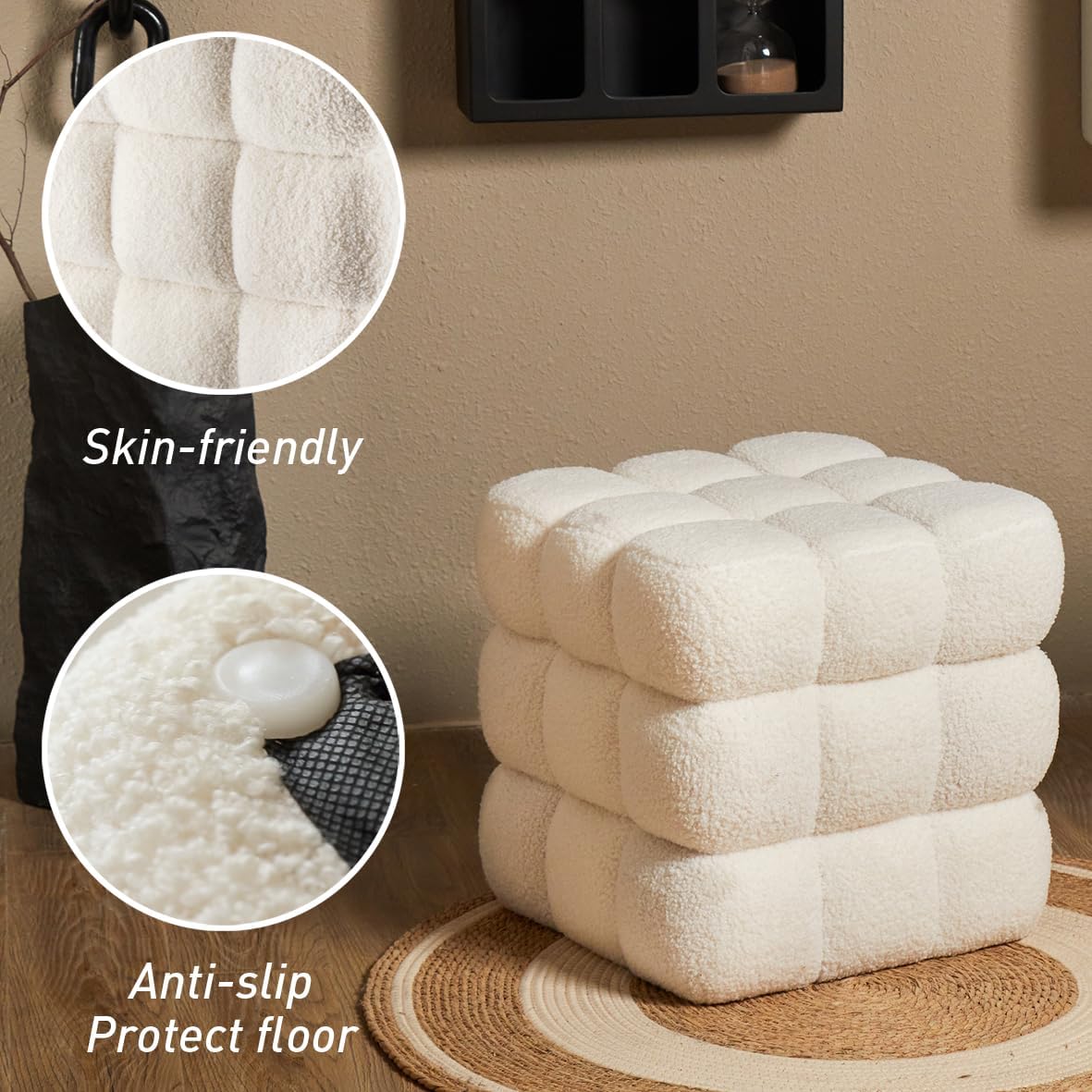 White Sherpa Square Ottoman - 17.3" Large Boucle Cube Pouf with Sturdy W...