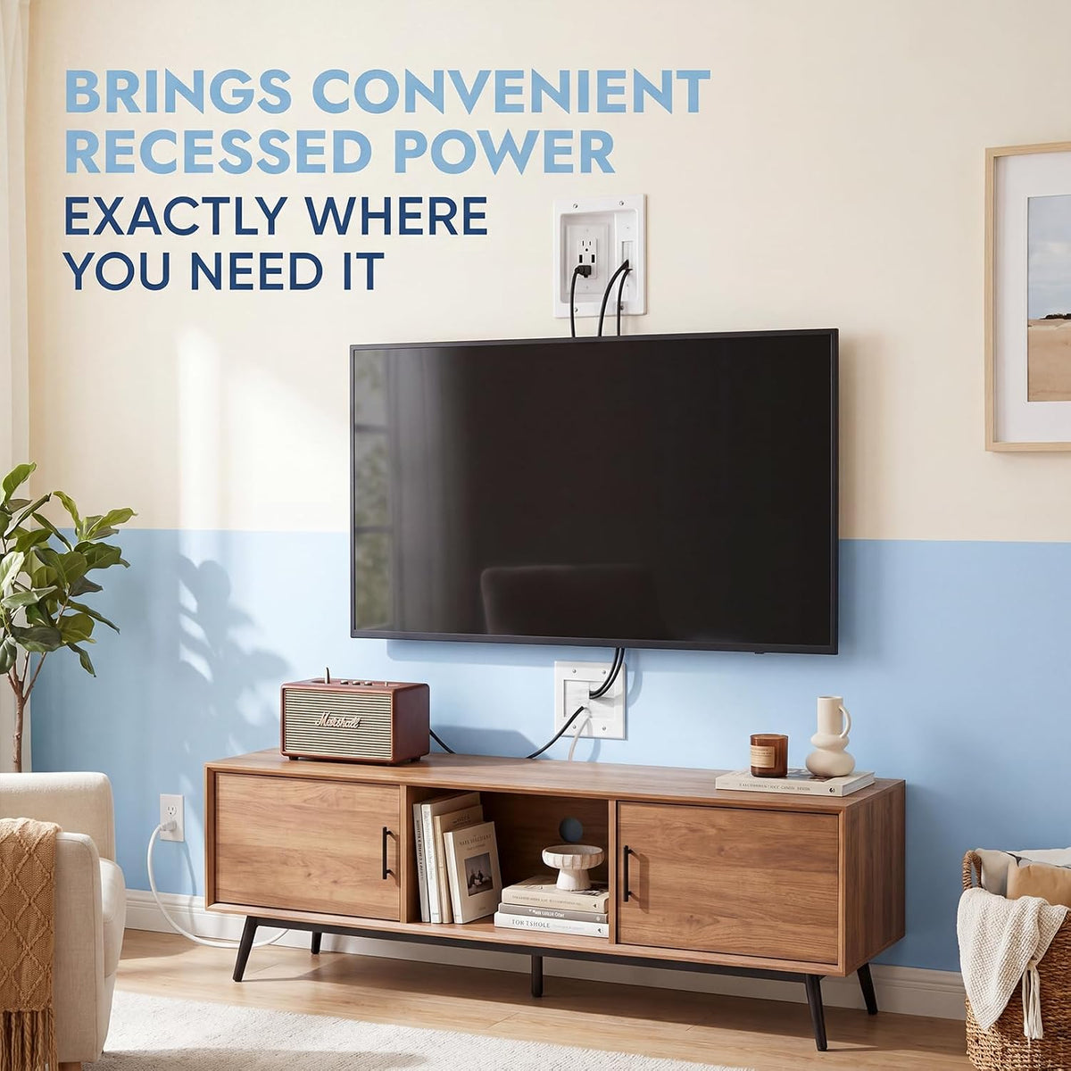 in-Wall Cable Management Kit, Recessed TV Outlet Box with Dual AC + 2 USB Por...