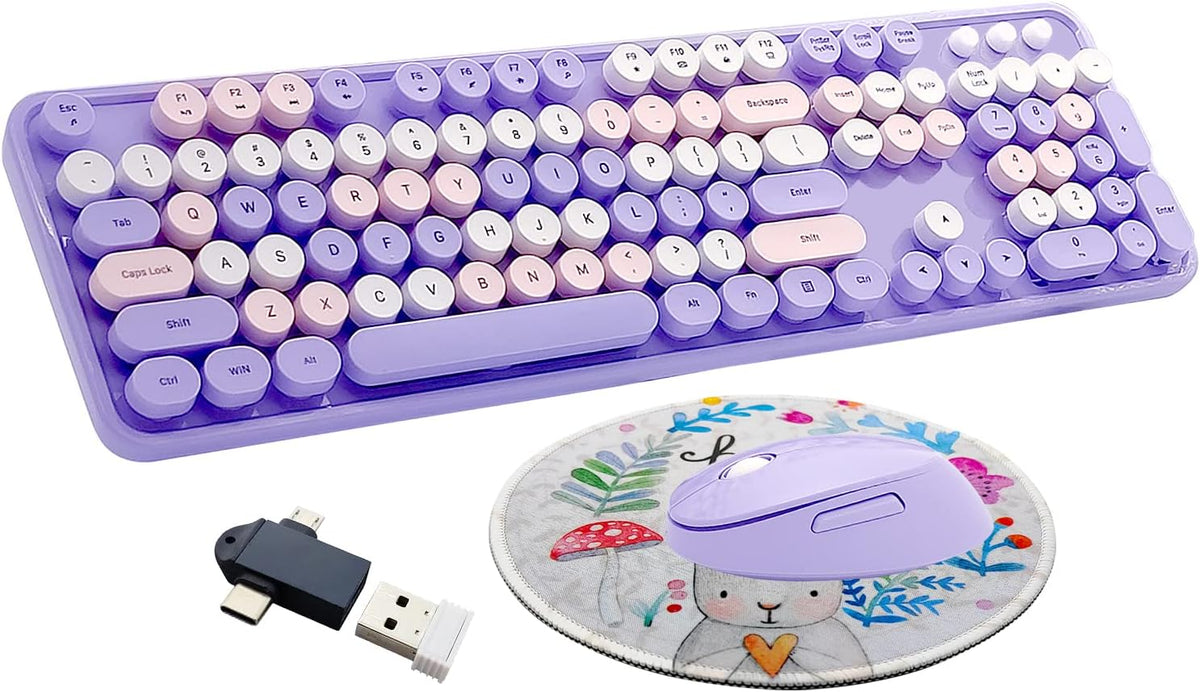 Purple Retro Typewriter Wireless Keyboard and Mouse Combo for Home Office