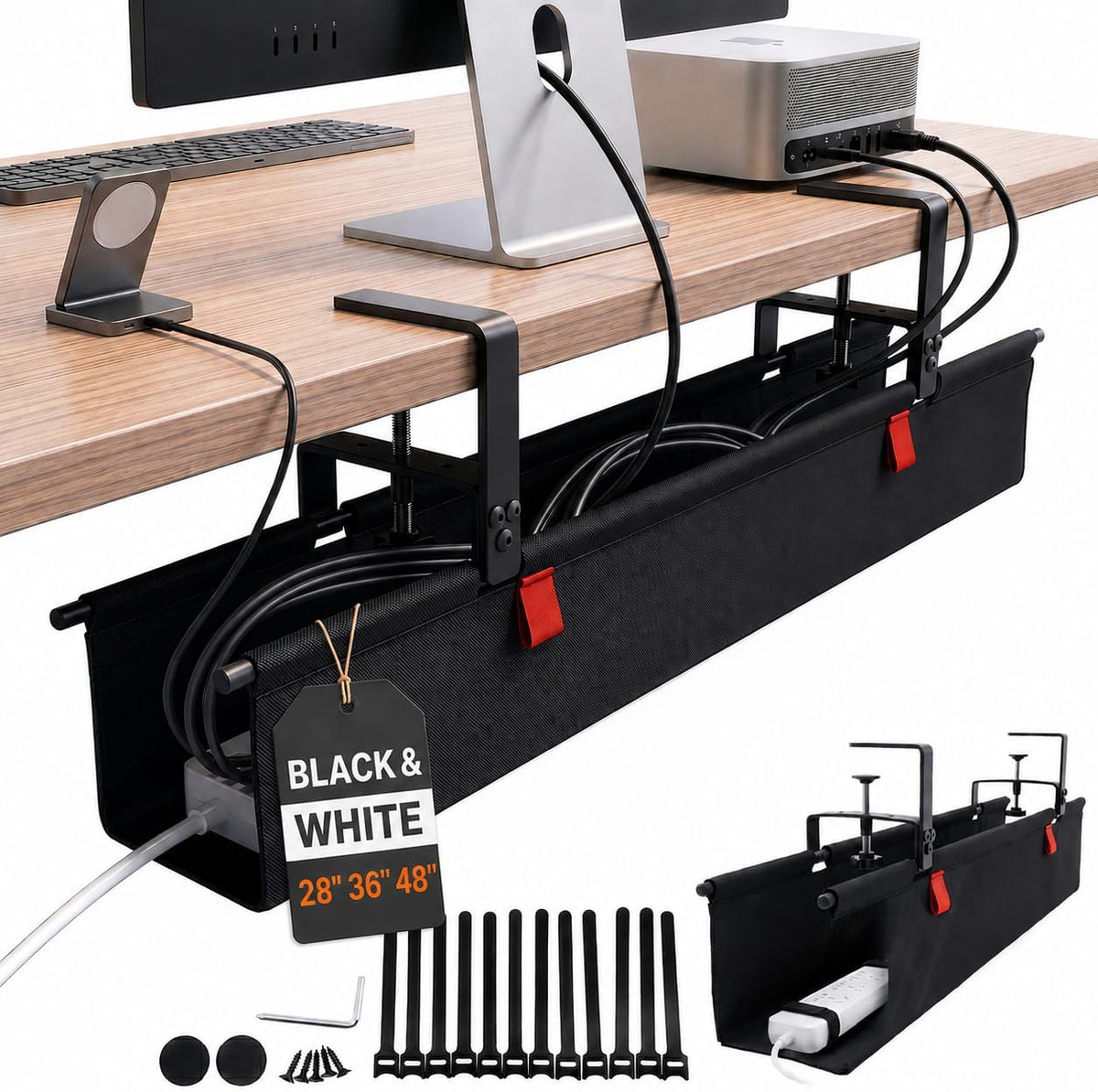Under Desk Cable Management Tray 36" — No Drill Clamp-On Cord Organizer ...