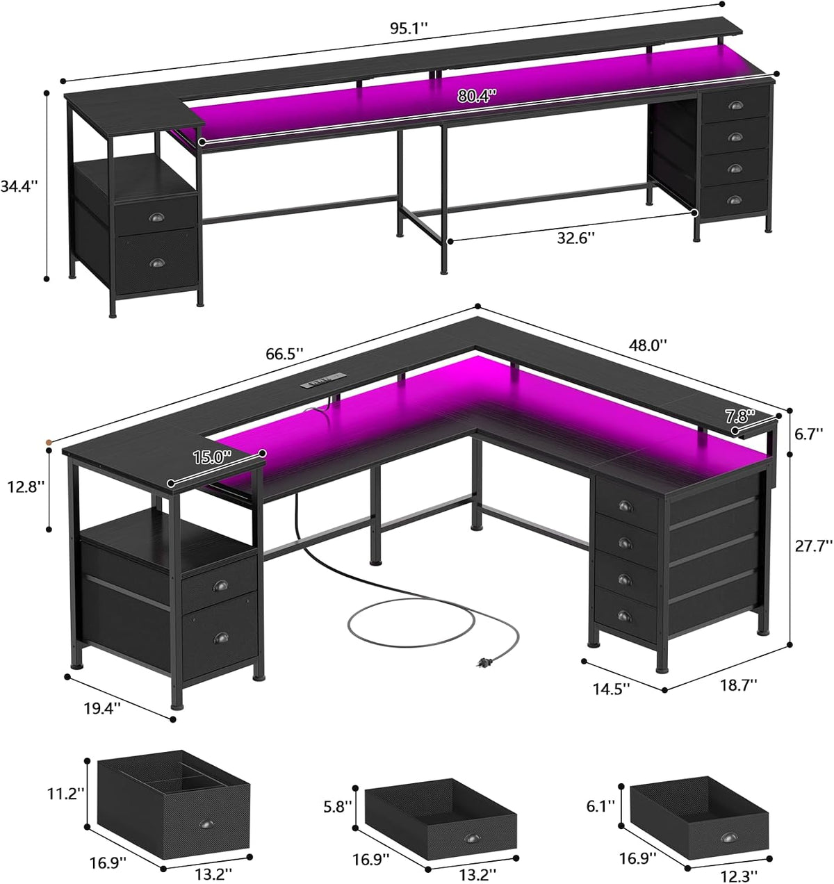 Furologee 66'' L Shaped Gaming Desk with 6 Drawers, LED, Outlets, Black