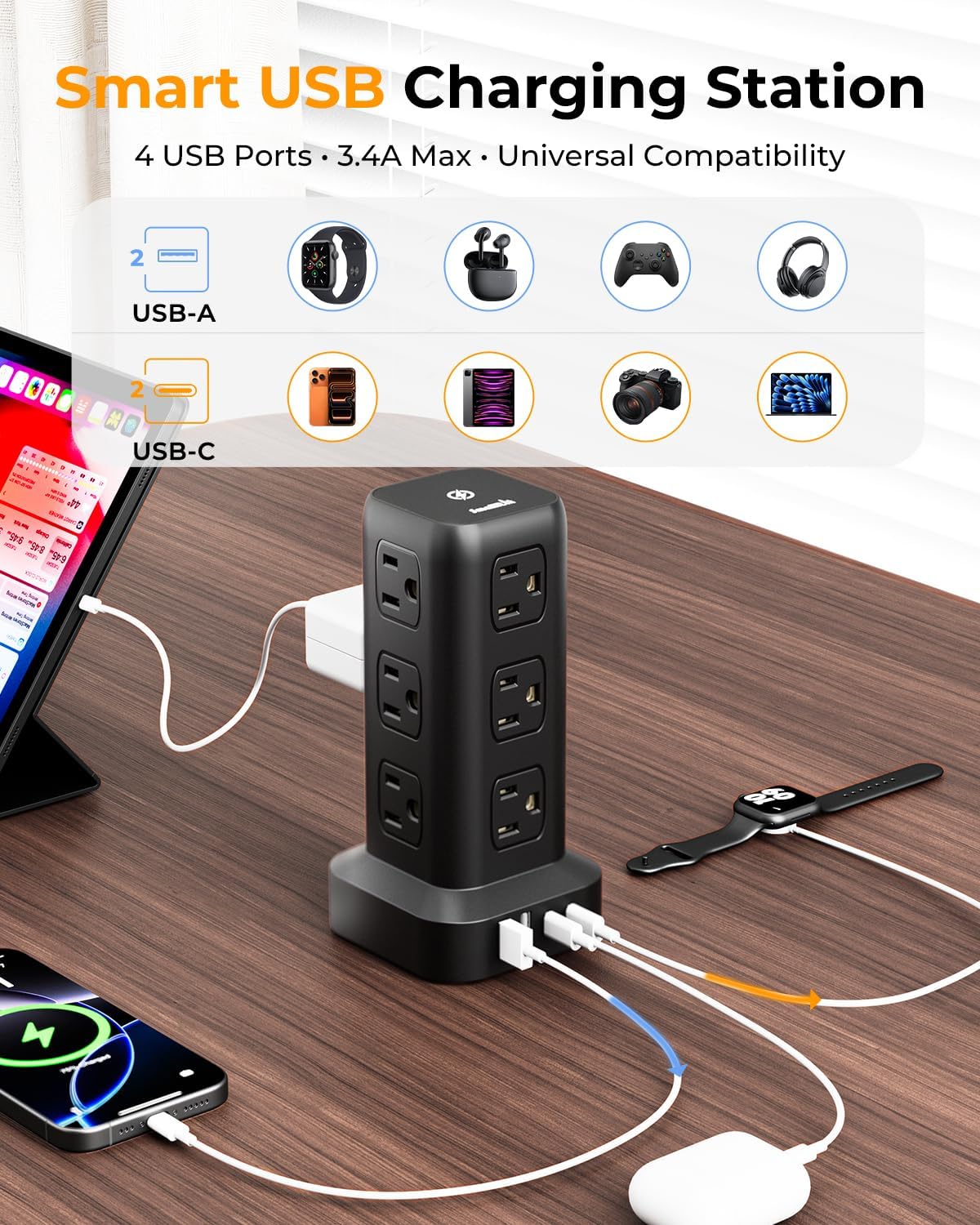 Power Strip with 12 Outlets 4 USB (1 USB C), 10Feet Extension Cord with Multi...