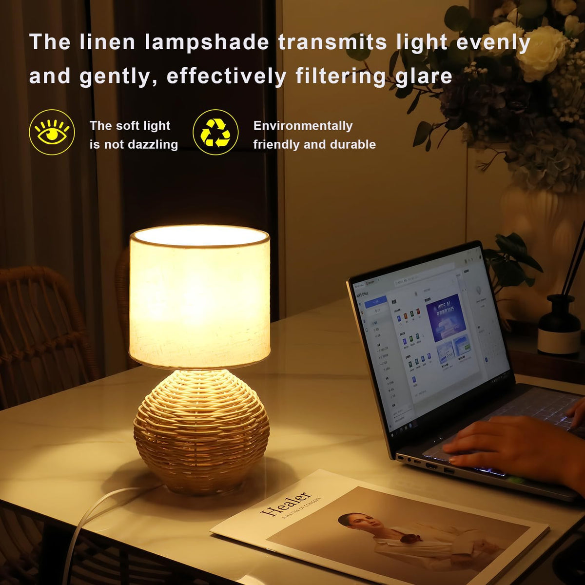 Rattan Table Lamp, Boho Farmhouse Style, Cotton Linen Lamp Shade, 6.2×6.2×11....
