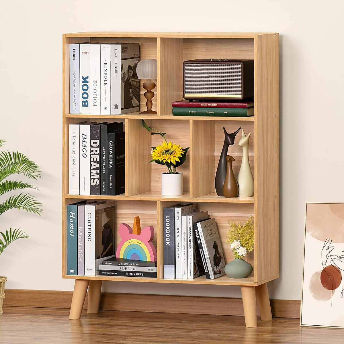 LEYAOYAO Cube Book Shelf, Mid-Century Modern Bookshelf with Legs, Natural