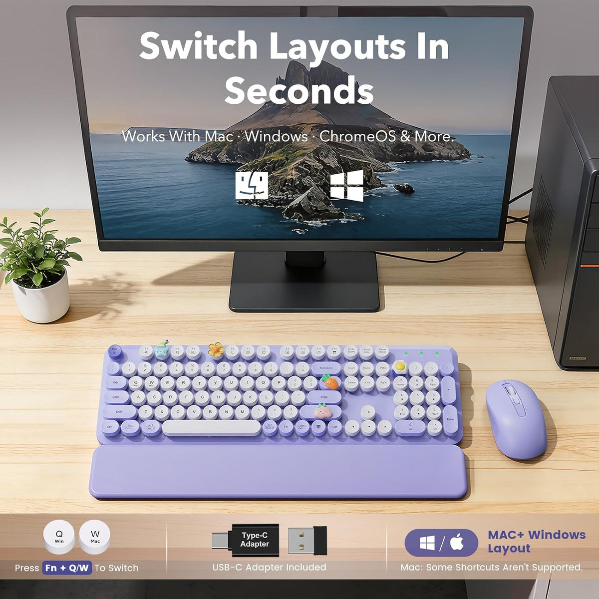 Wireless Keyboard and Mouse, Round Keycaps, Magnetic Wrist Rest, Purple