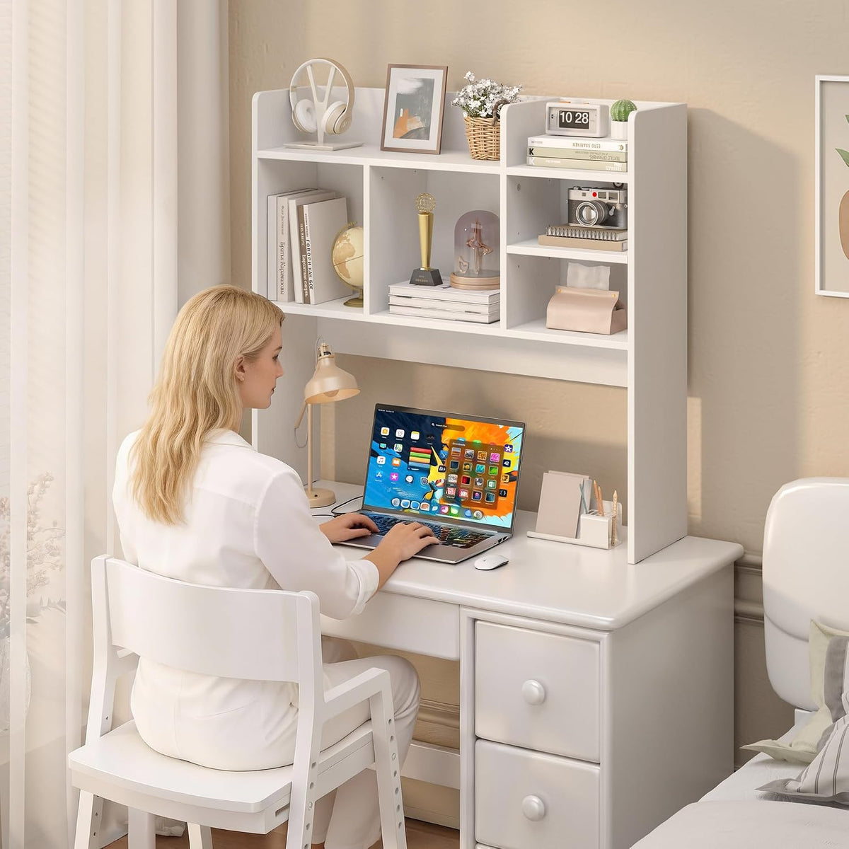 Desk Hutch with 6 Shelves, Desktop Organizer Shelf for Office Dorm, White