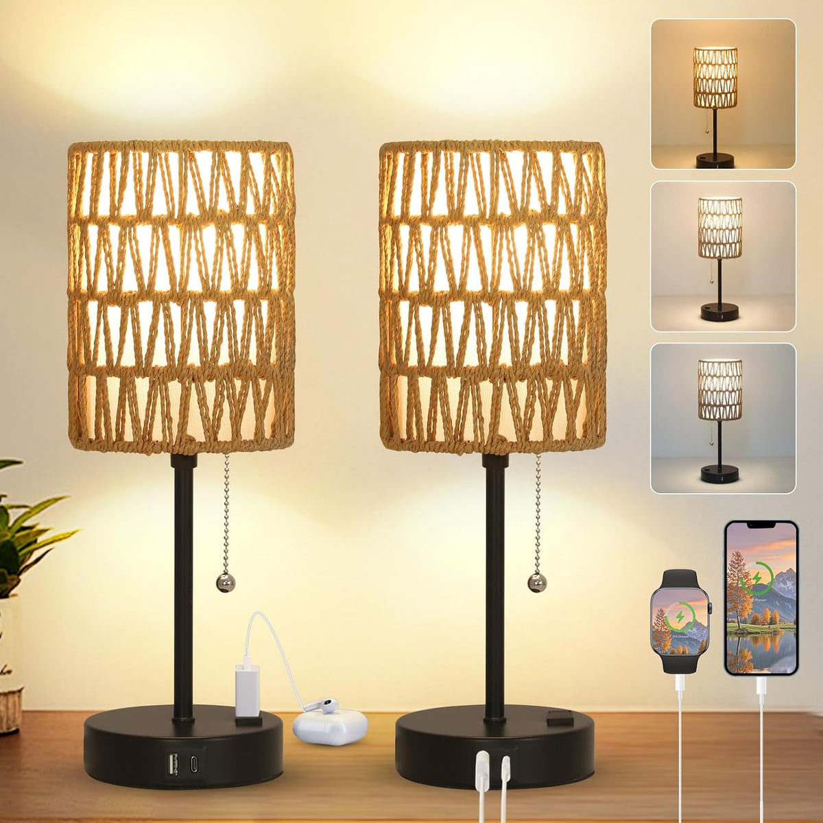 Rattan Bedside Table Lamps Set of 2 - Boho Lamps With 3 Color Temperatures &a...