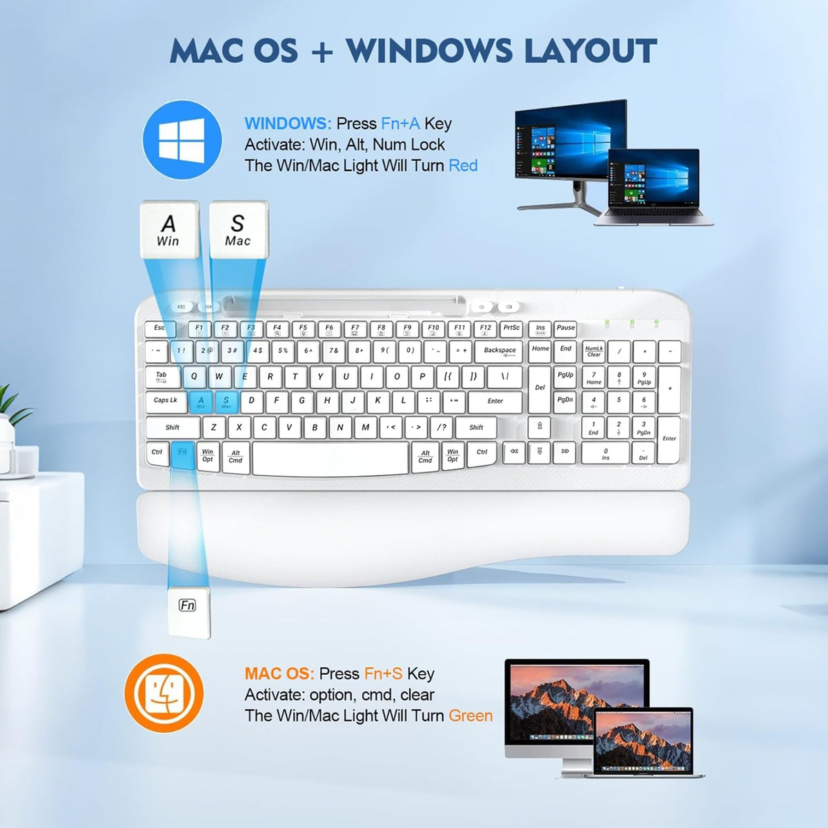 EAYBLLY 2.4G Wireless Ergonomic Keyboard, Full Size Wave Keys with Memory Foa...
