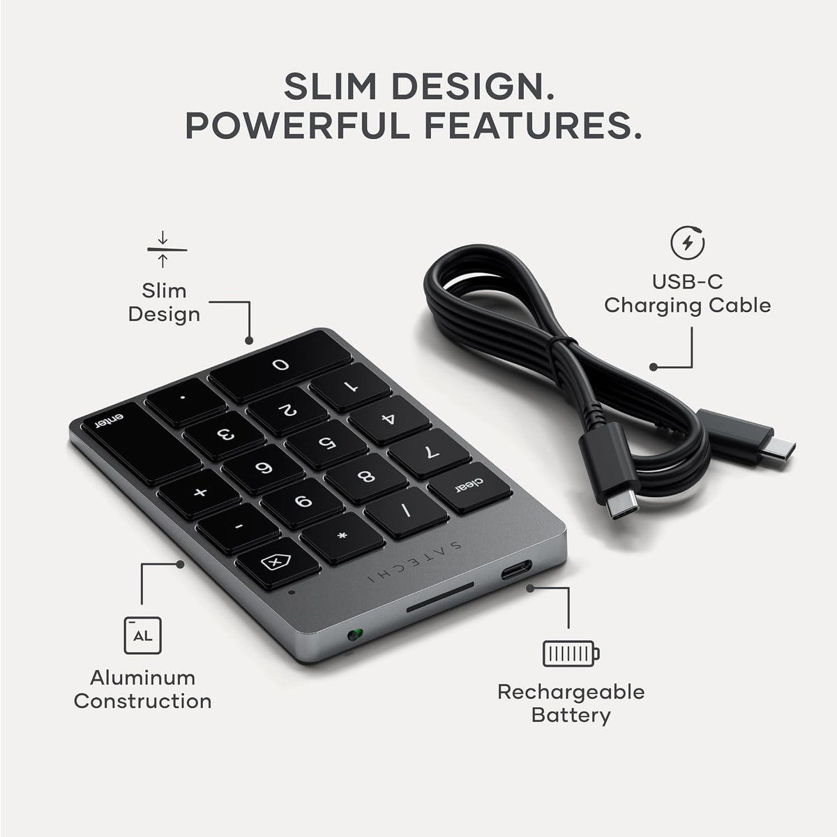 Satechi Slim Aluminum Bluetooth Keypad, USB-C Rechargeable, Space Gray