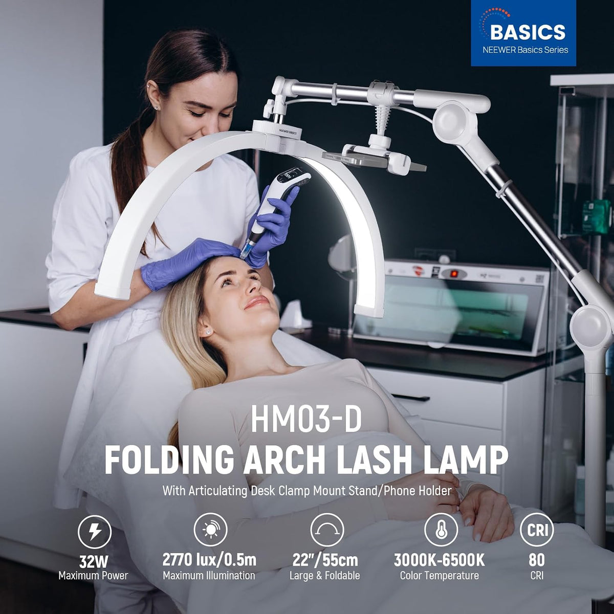 NEEWER Basics 22" Half Moon Lash Light with Articulating Desk Clamp Moun...